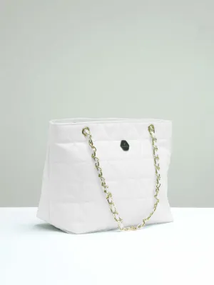 Geo Pattern Quilted Chain Tote Bag - White - FD ⚡