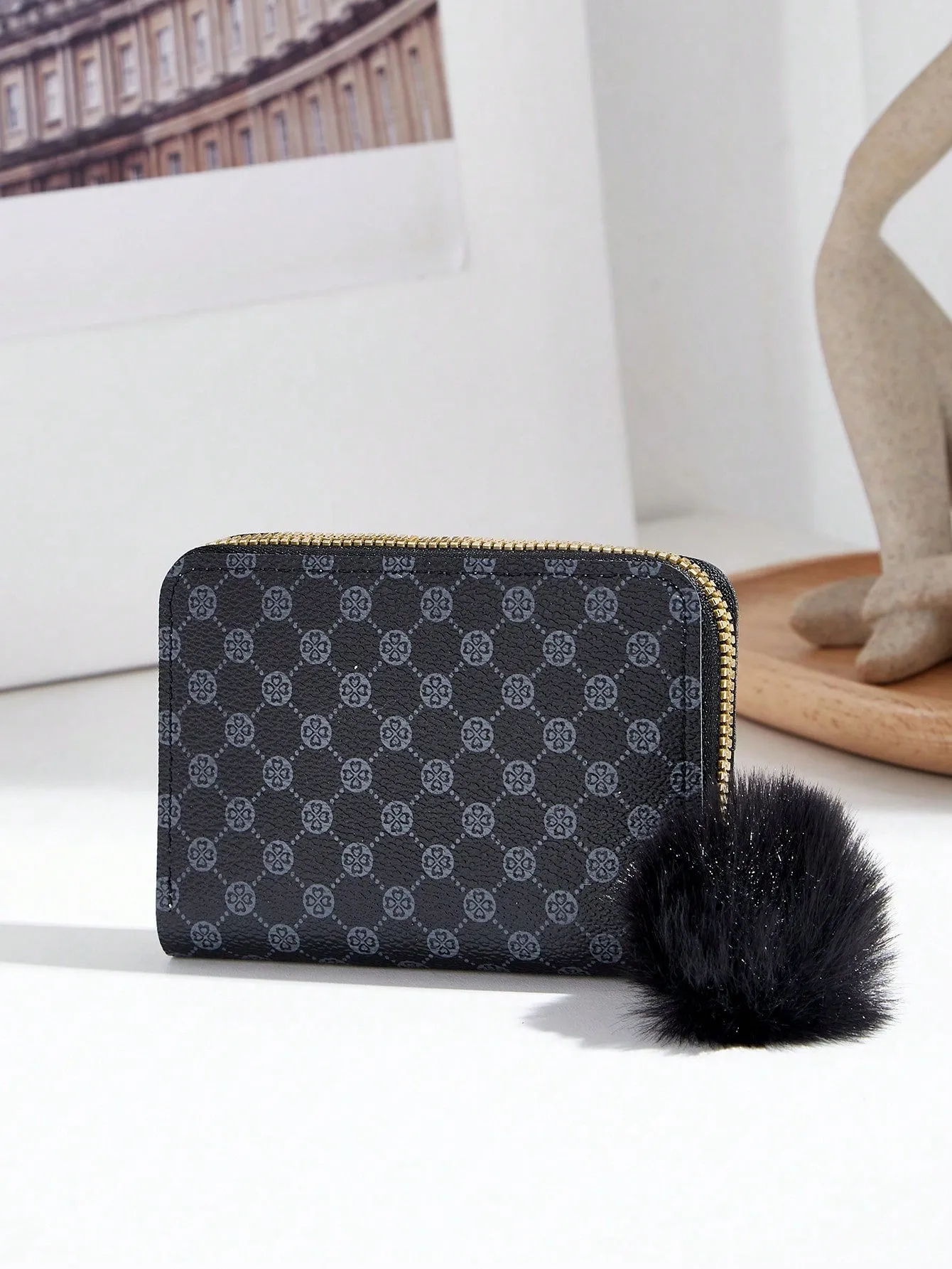 Geometric Pattern Short Wallet - Black