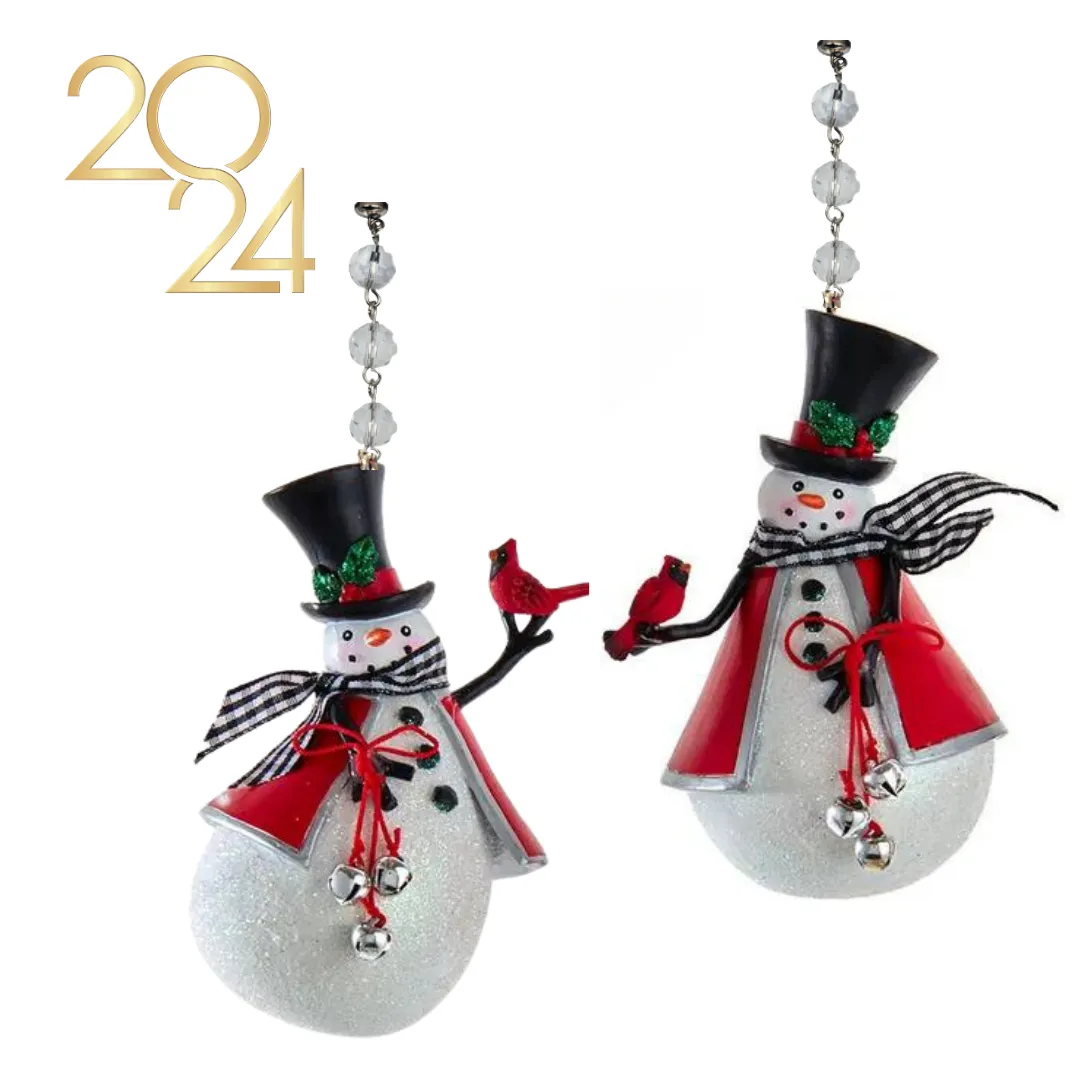 GINGHAM SNOWMAN HOLDING CARDINAL (Set/1) MAGNETIC CHANDELIER ORNAMENT - 2 STYLES AVAILABLE