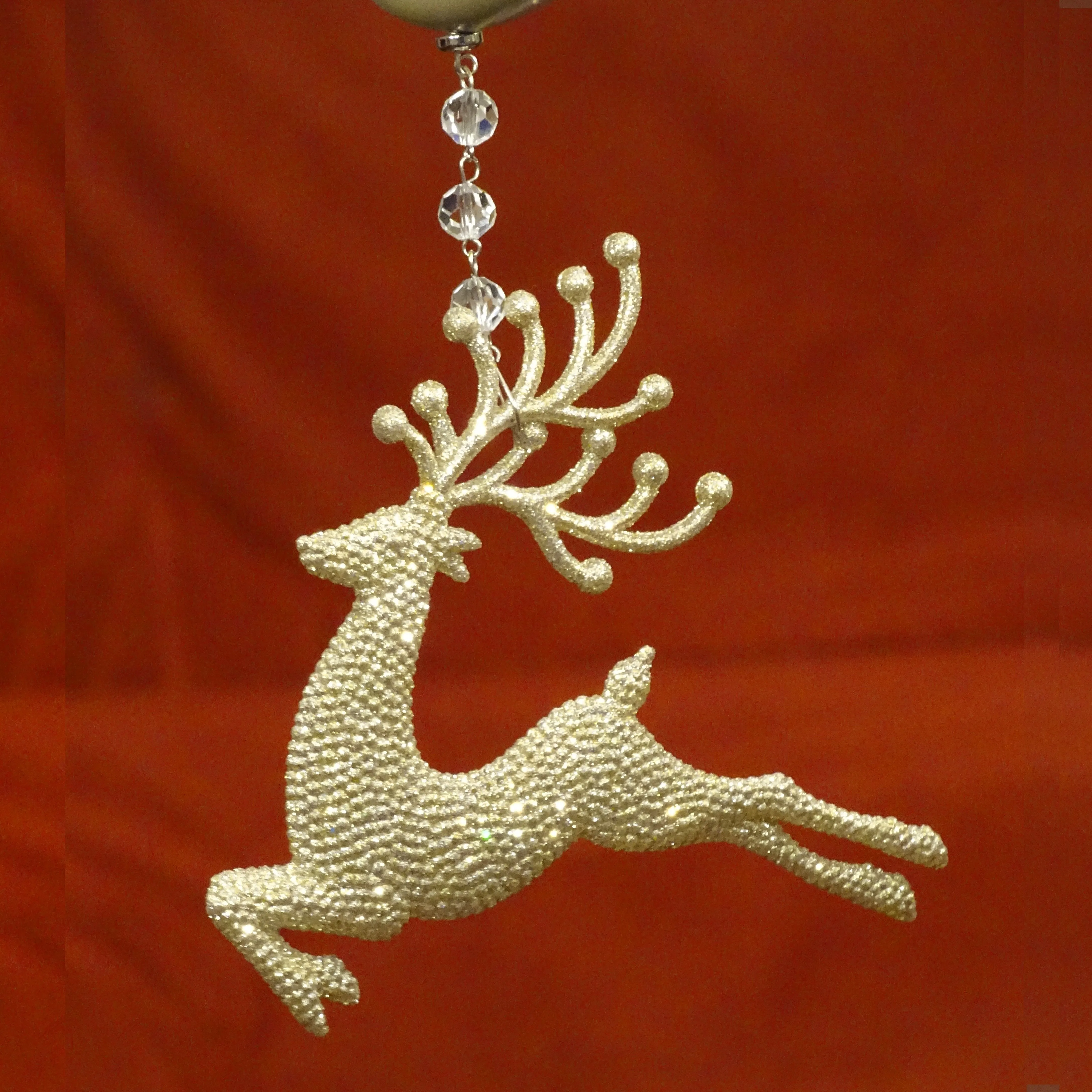 GLITTER CHAMPAGNE "RUNNING" REINDEER (Set/3) MAGNETIC CHANDELIER ORNAMENT