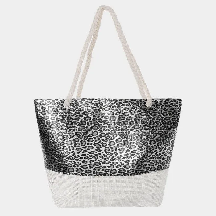 Glitter Leopard Silver Patterned Beach Tote Bag