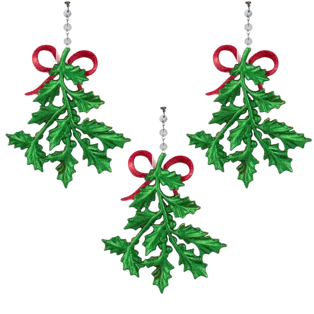 GLITTER RED/GREEN HOLLY (Set/3) MAGNETIC CHANDELIER ORNAMENT