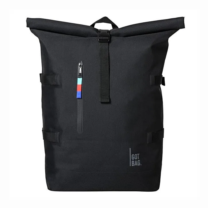 Got Bag RollTop black dry bag backpack, World's first ROLLTOP backpack made from marine plastic, has Asahi Logo printed on front bottom left Retails $249 