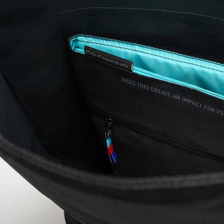 Got Bag RollTop black dry bag backpack, World's first ROLLTOP backpack made from marine plastic, has Asahi Logo printed on front bottom left Retails $249 
