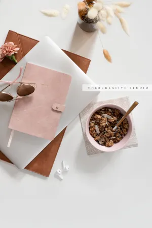Granola, Laptop & Notebook Workspace. Digital Image.