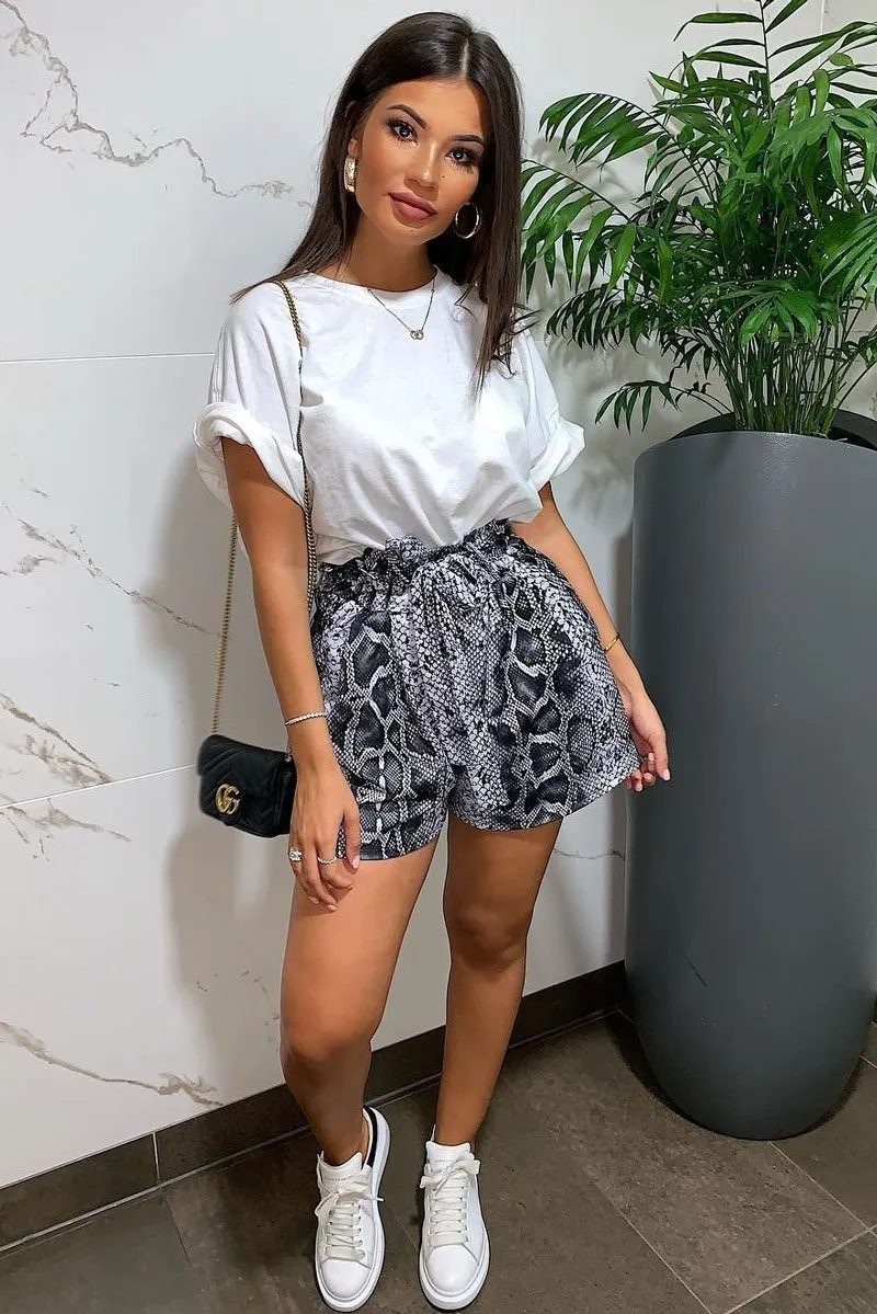 Grey Snake Print Paper Bag Waist Shorts - Lilybeth