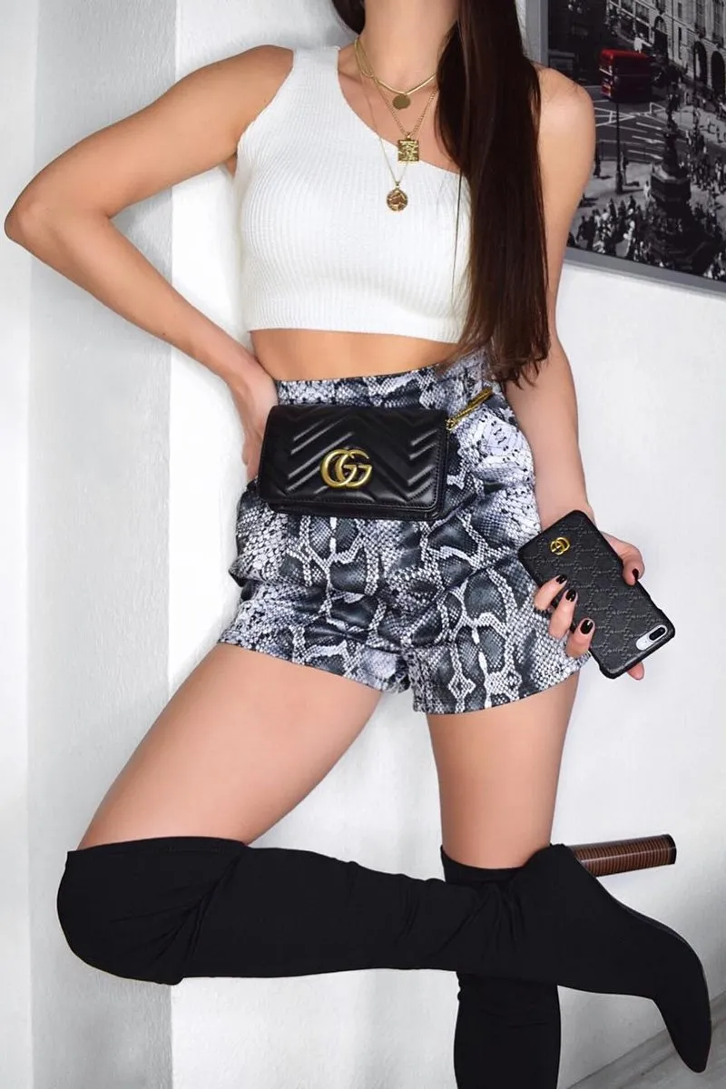 Grey Snake Print Paper Bag Waist Shorts - Lilybeth