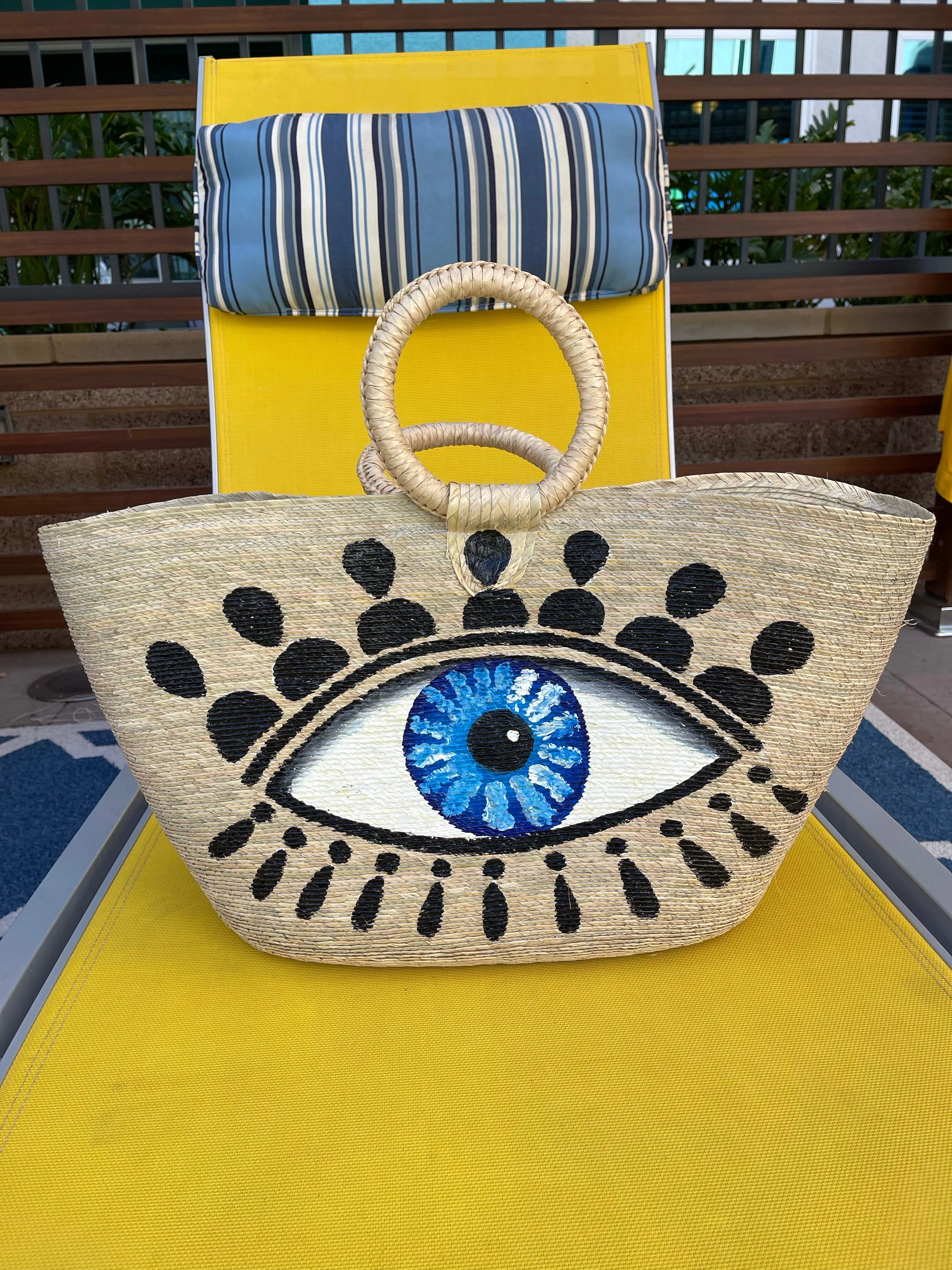 Hand Painted Evil Eye Palm Leaf Woven Basket Bag