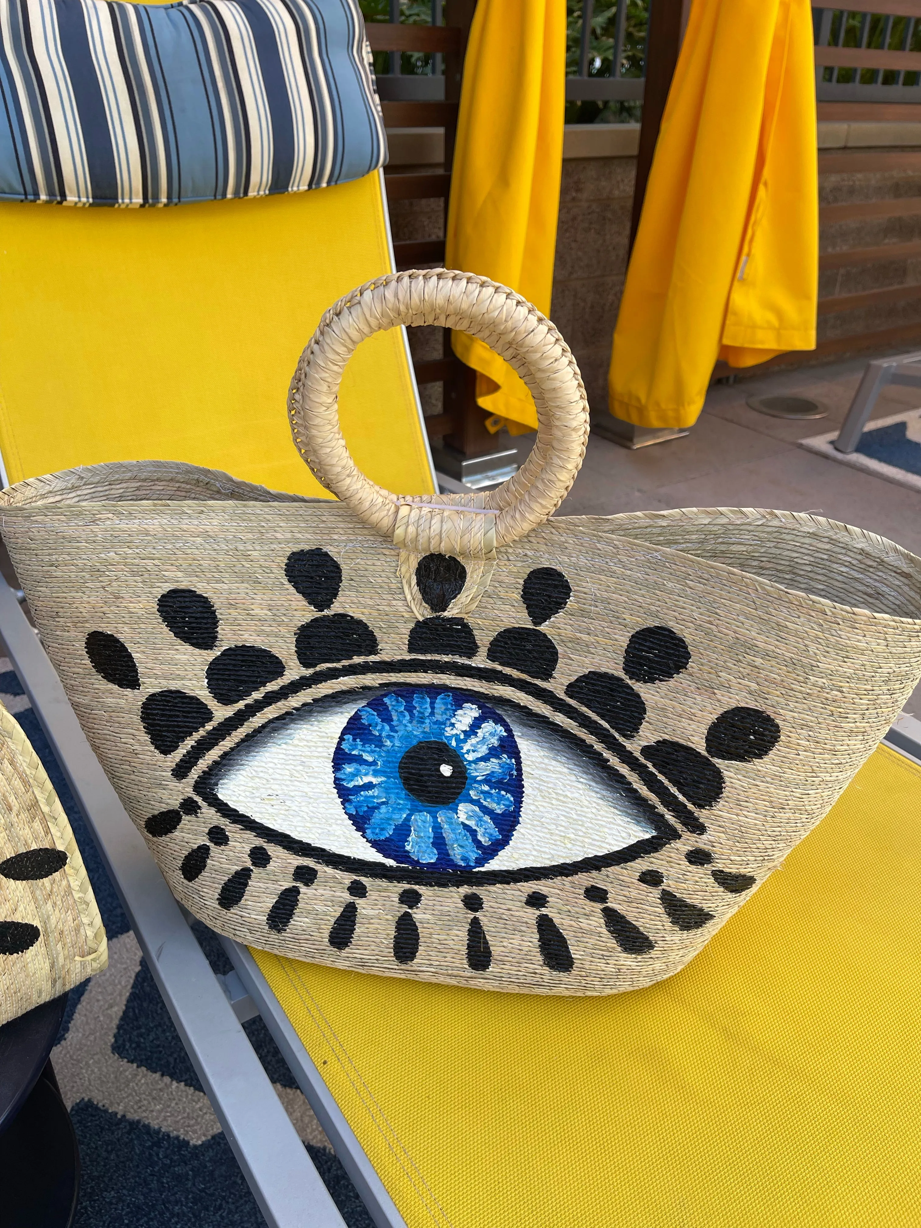 Hand Painted Evil Eye Palm Leaf Woven Basket Bag