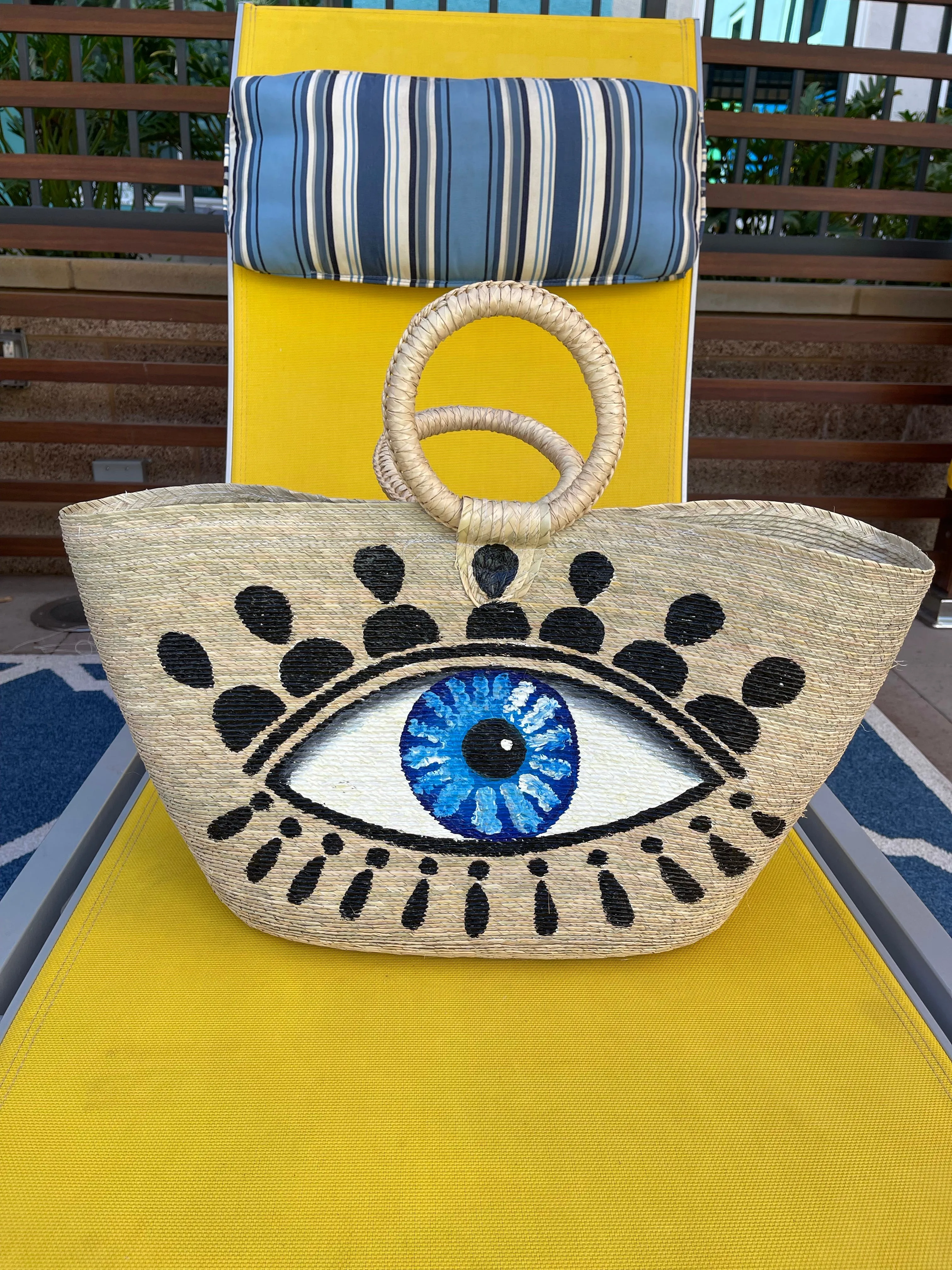 Hand Painted Evil Eye Palm Leaf Woven Basket Bag