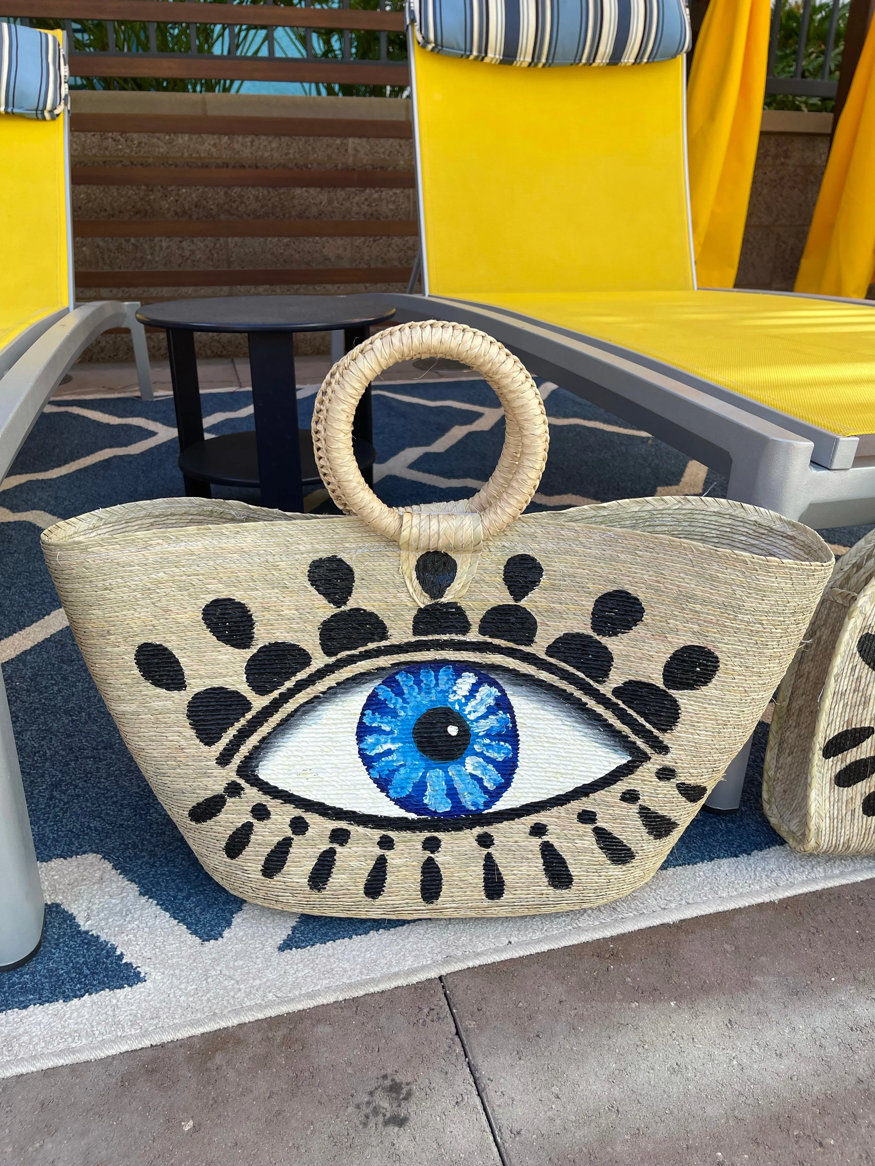 Hand Painted Evil Eye Palm Leaf Woven Basket Bag