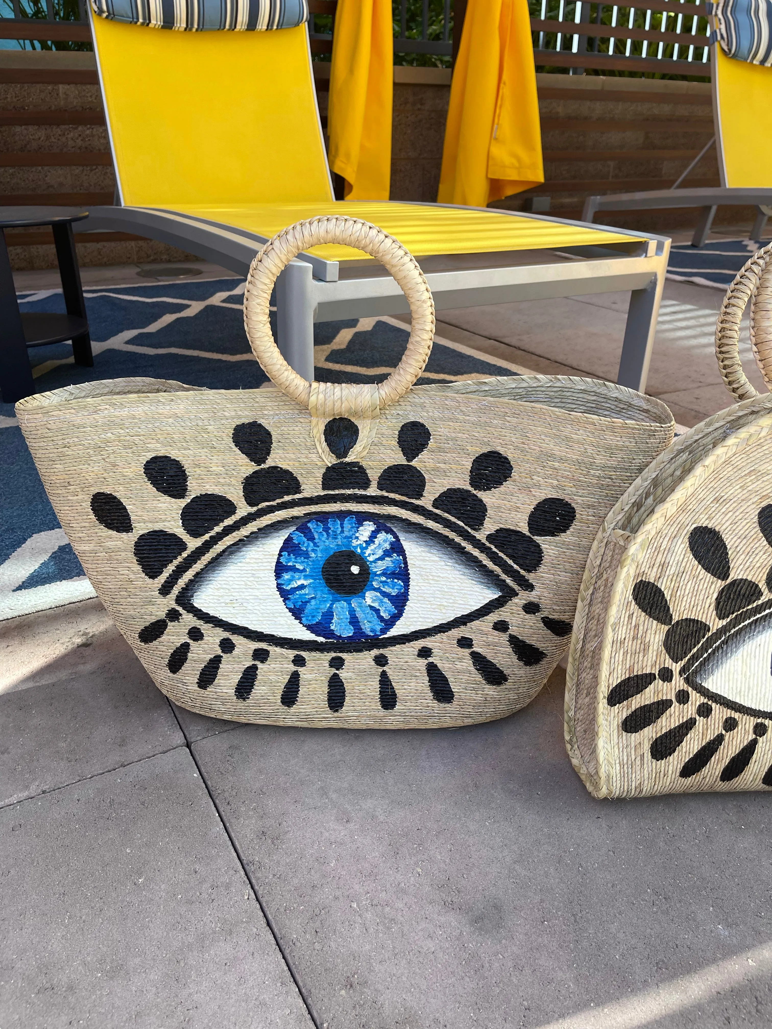 Hand Painted Evil Eye Palm Leaf Woven Basket Bag