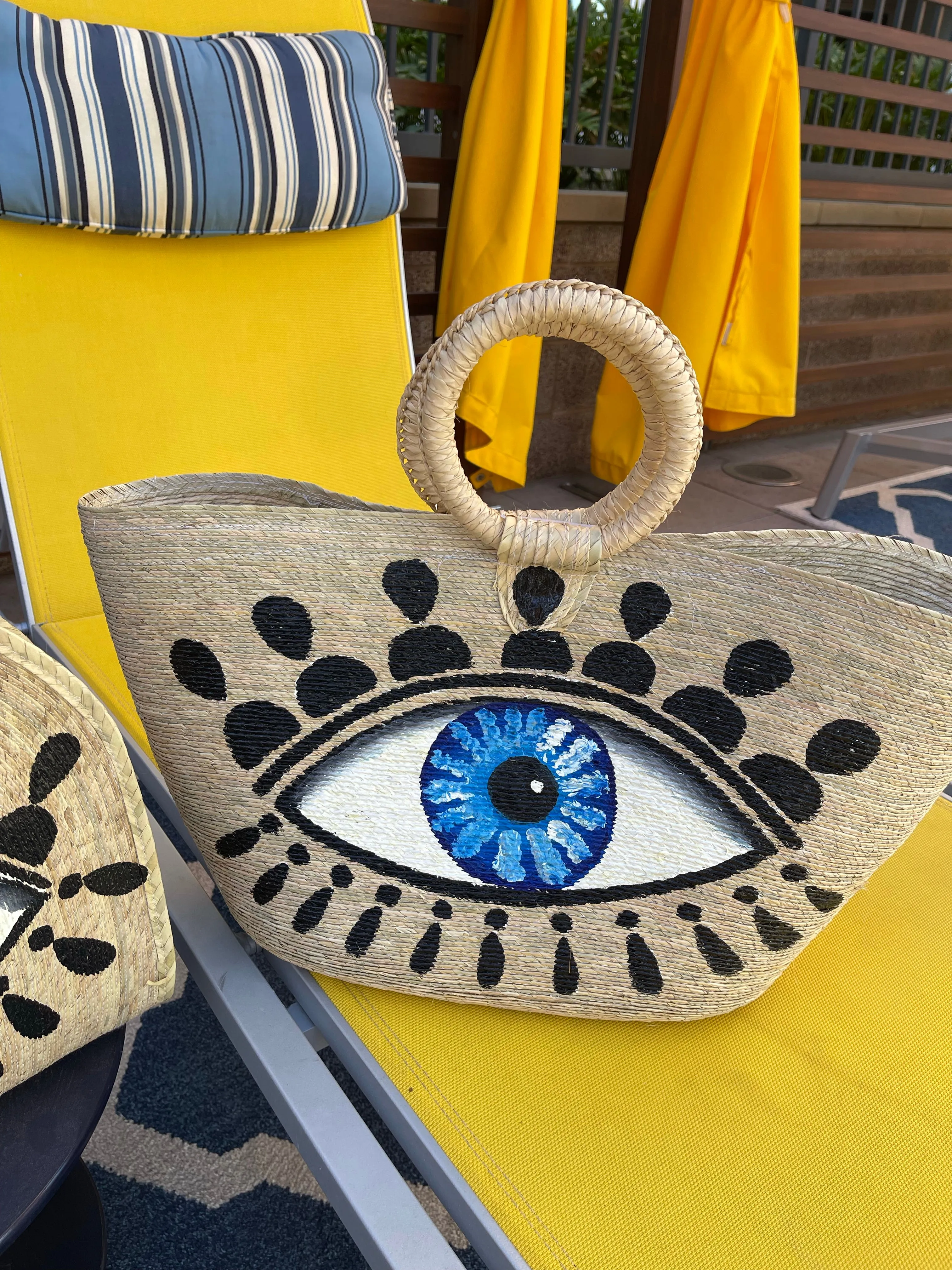 Hand Painted Evil Eye Palm Leaf Woven Basket Bag