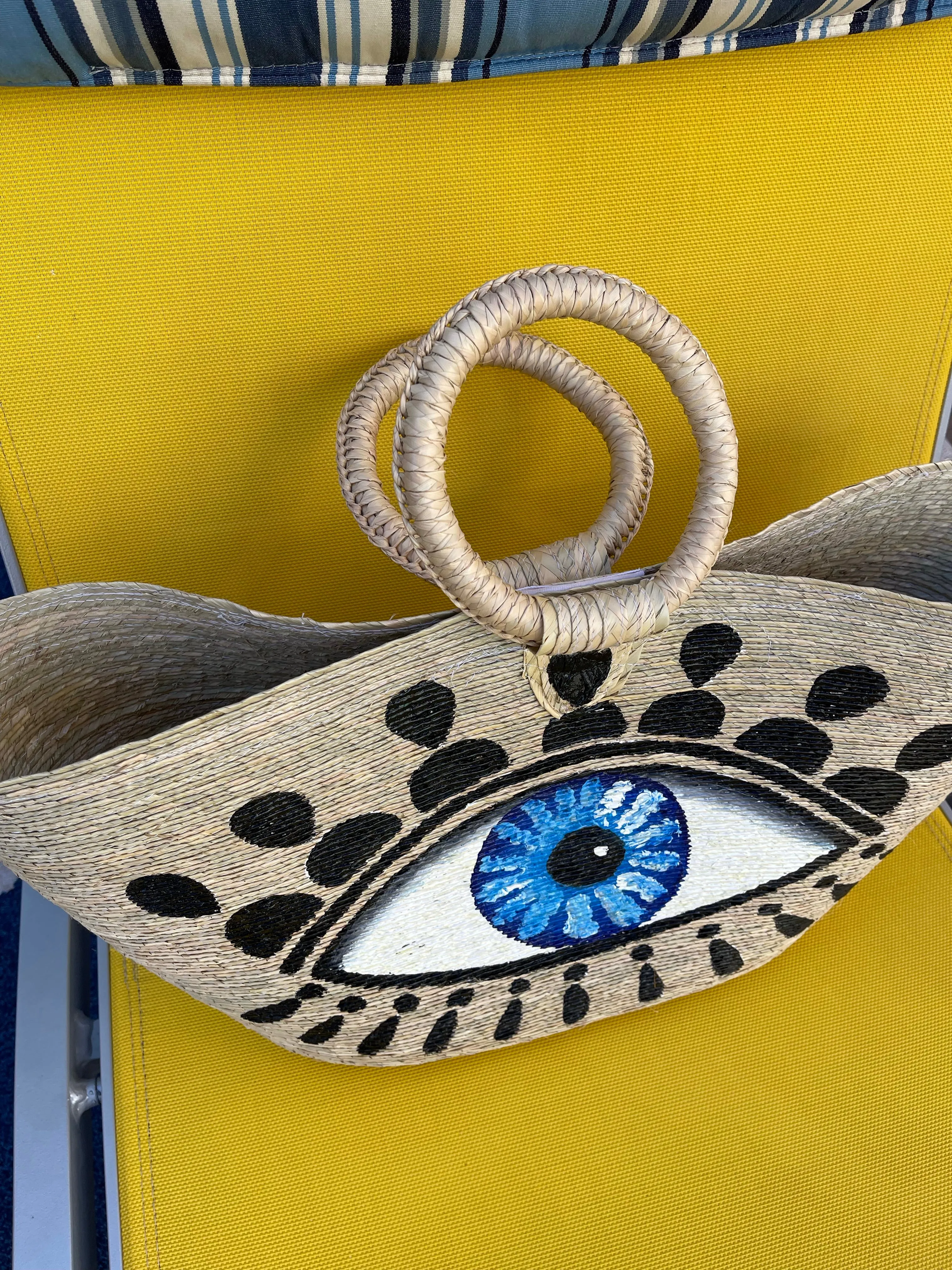 Hand Painted Evil Eye Palm Leaf Woven Basket Bag