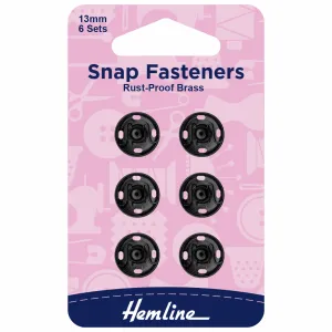 Hemline Snap Fasteners: Sew-on: Black: 13mm: Pack of 6