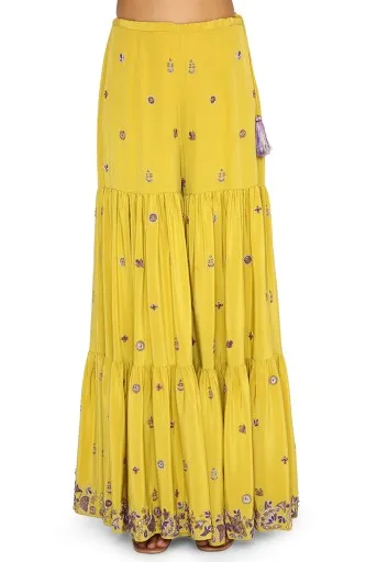 Imani Lime Green Colour Embroidered Kurta And Sharara With Purple Organza Dupatta