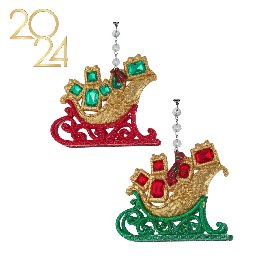 JEWELED RED/GREEN SLEIGH (Set/3) MAGNETIC CHANDELIER ORNAMENT - 2 STYLES AVAILABLE