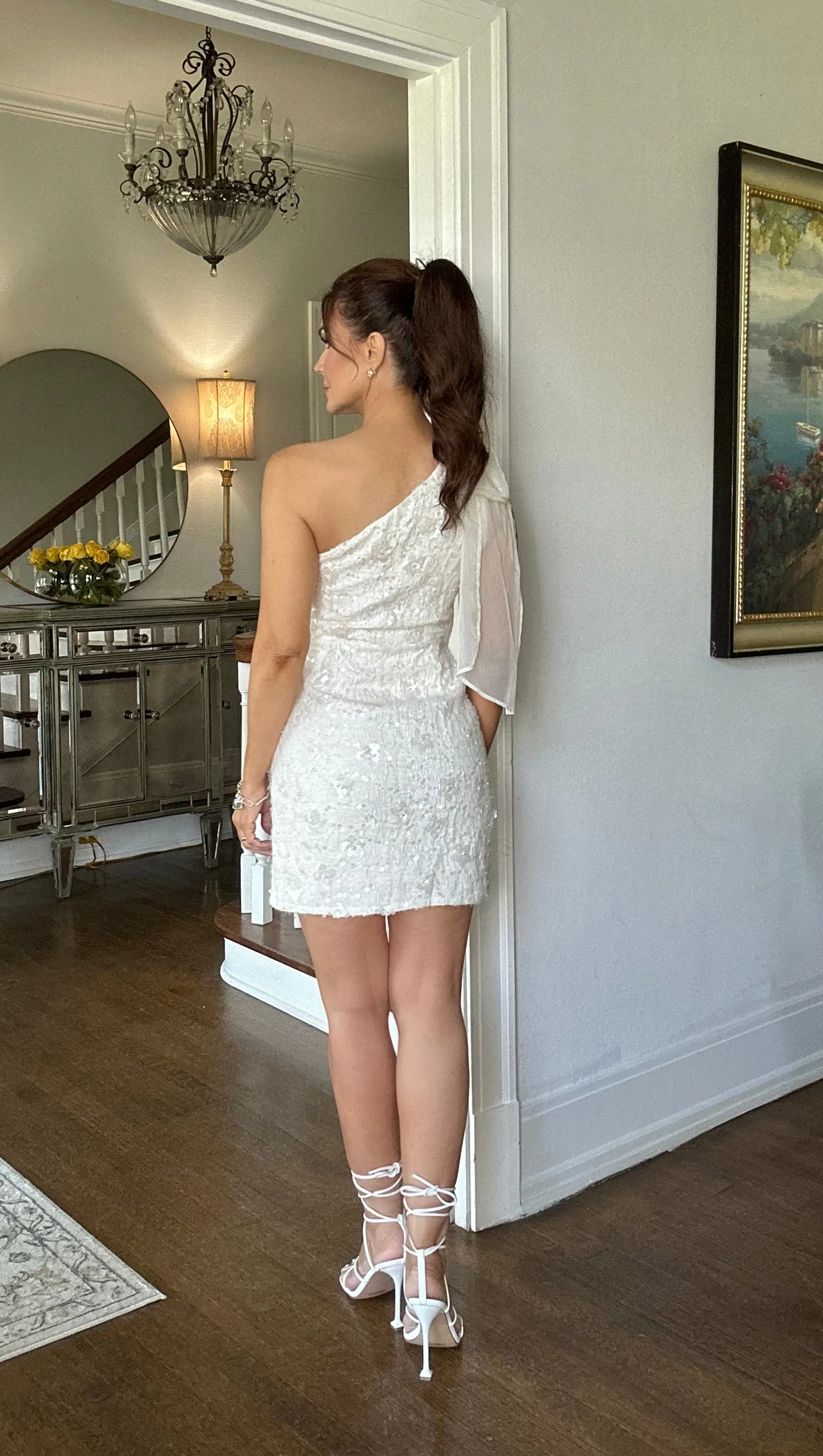 Kensley cream one shoulder mini dress with tonal floral embellishments