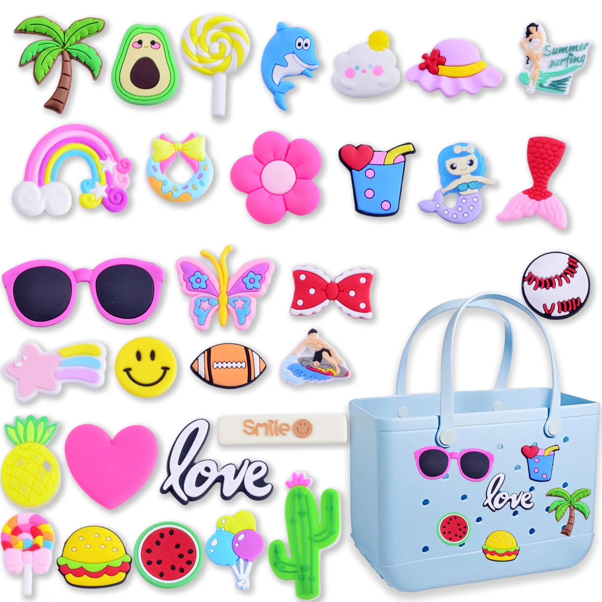 KJML DIY Charms for Bogg Bag 30pcs Charms for Bogg Bag Accessories Letters Flowers Baseball Beach Charms for Bogg Bag Cute Decoration Bag Charms for Bogg Bag Rubber Tote Beach Bags