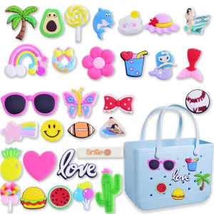KJML DIY Charms for Bogg Bag 30pcs Charms for Bogg Bag Accessories Letters Flowers Baseball Beach Charms for Bogg Bag Cute Decoration Bag Charms for Bogg Bag Rubber Tote Beach Bags