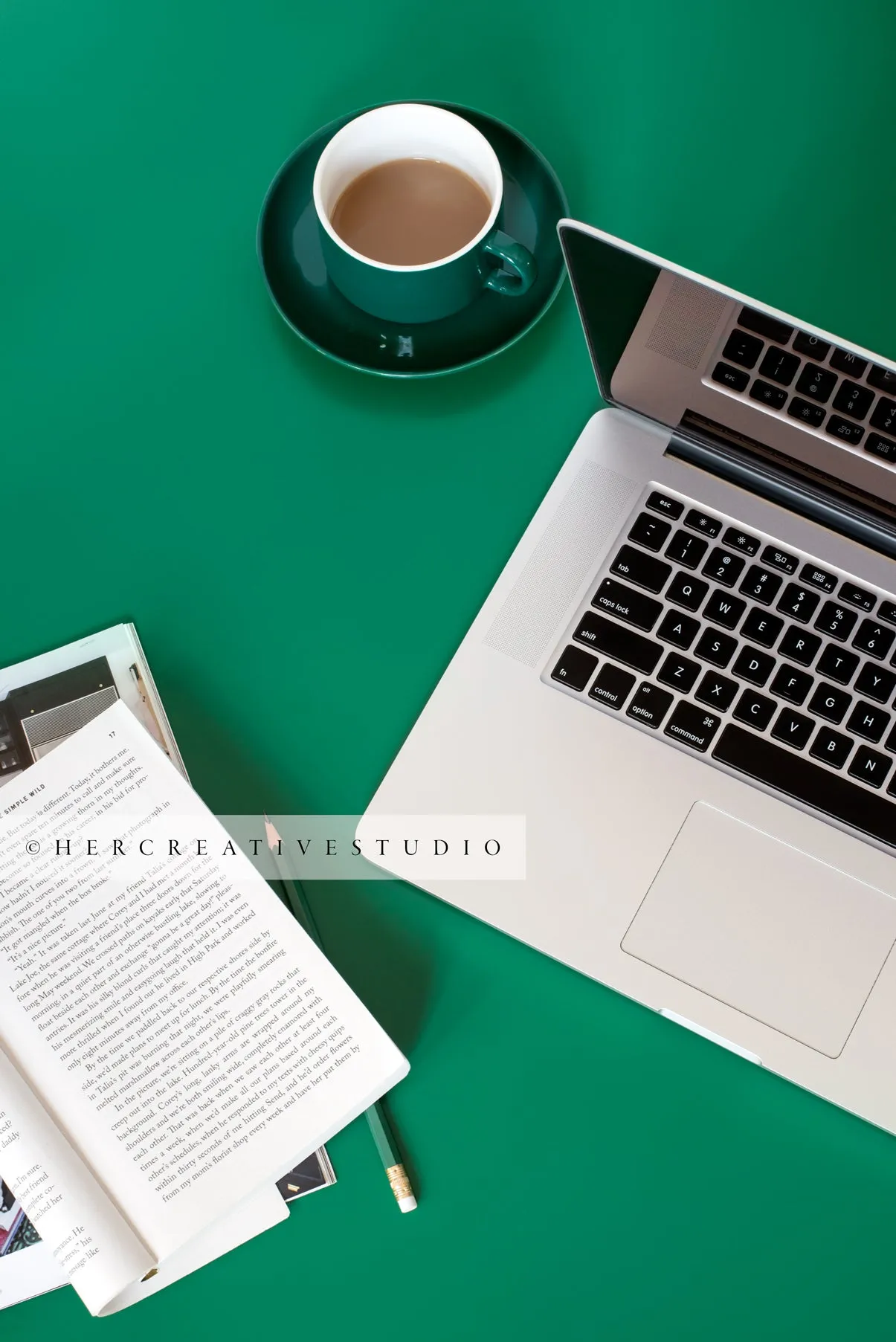 Laptop & Coffee on Green Background. Digital Stock Image