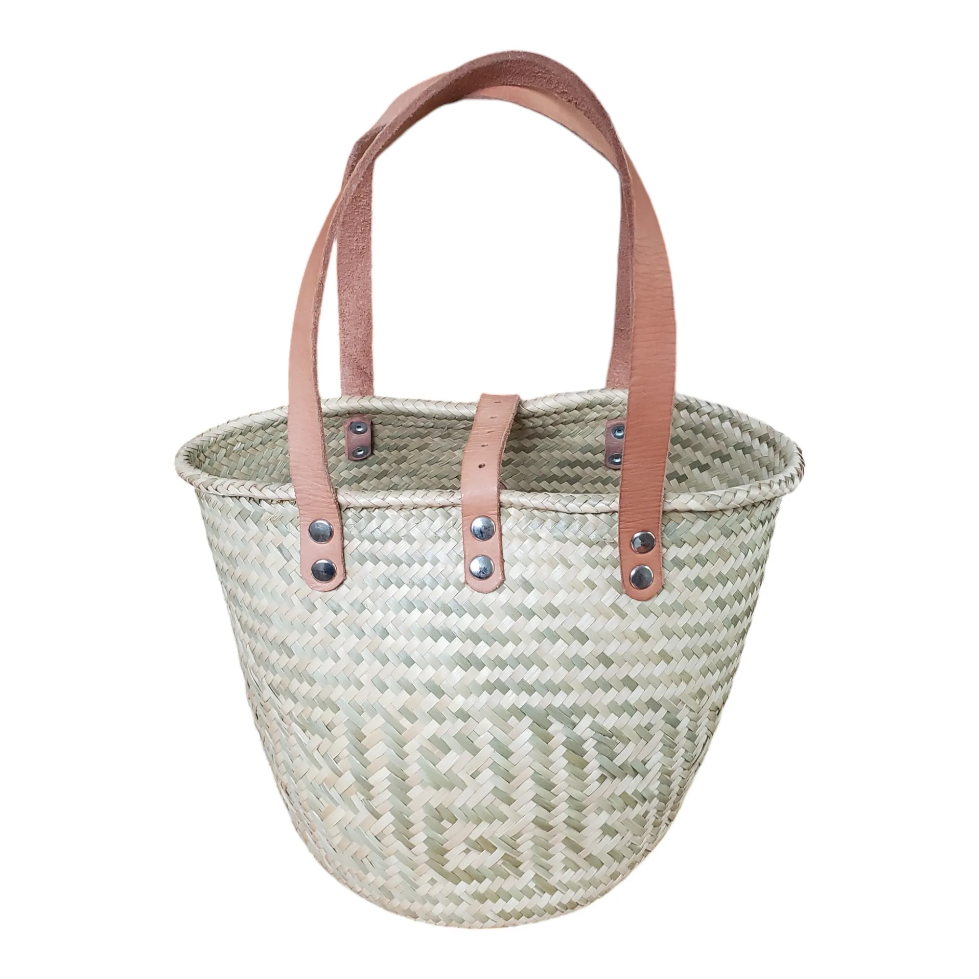 Large Two Tone Oaxacan Palm Basket Bag with Leather Strap from Mexico