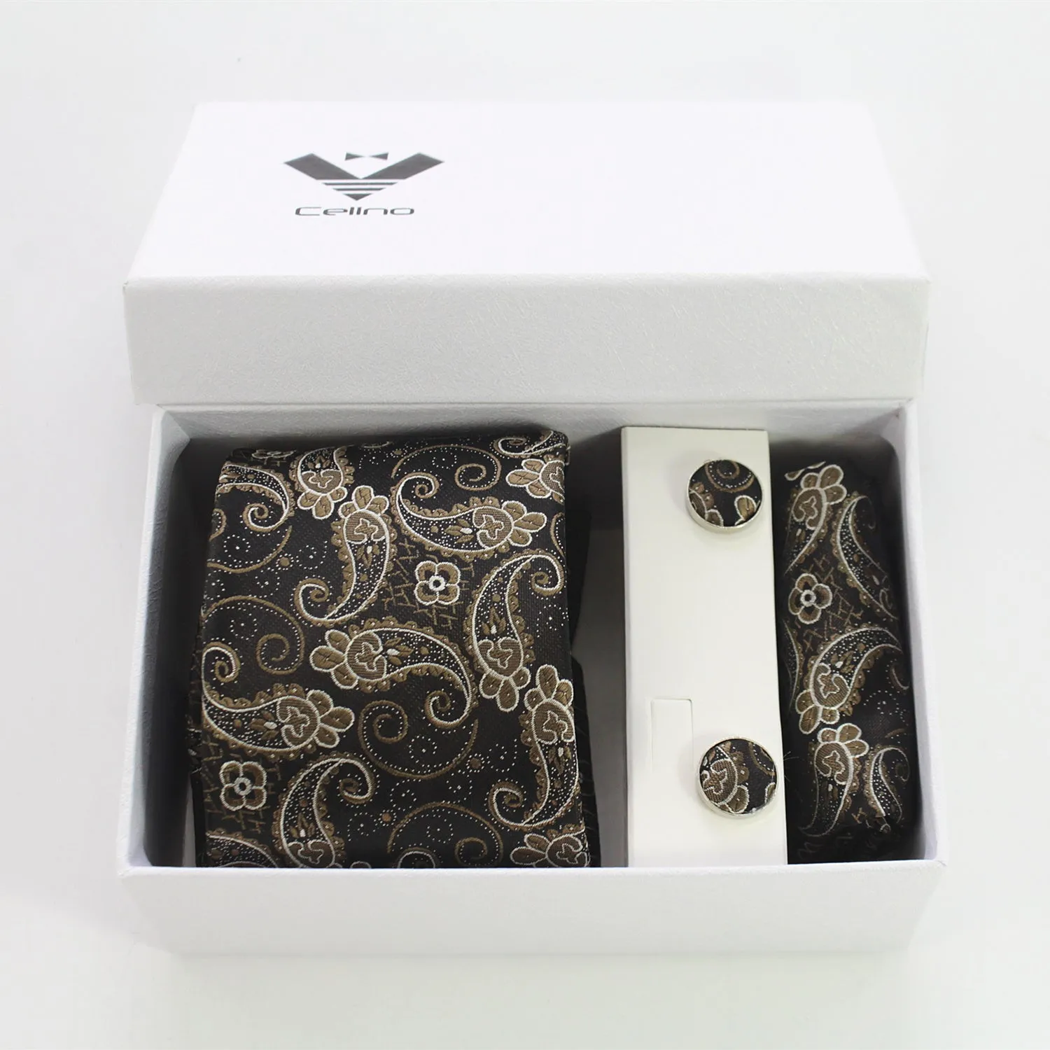 Lines & Checked Multi Color Designer Silk Floral Necktie with Matching Cufflinks & Pocket Square Set for Men