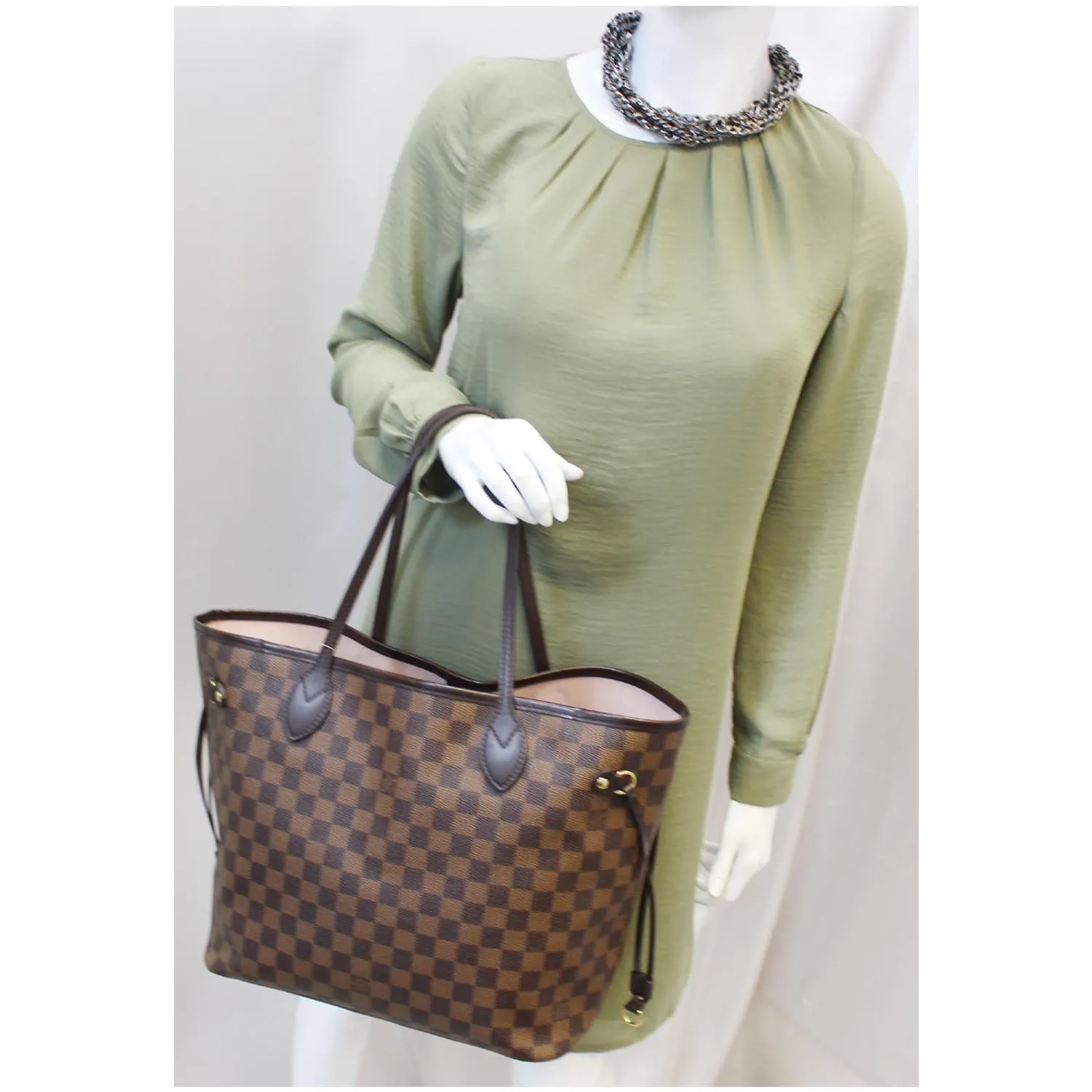 LOUIS VUITTON Neverfull MM Damier Ebene Tote Shoulder Bag Rose Ballerine