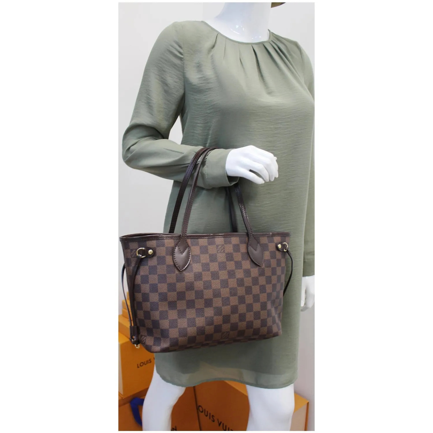LOUIS VUITTON Neverfull PM Damier Ebene Tote Shoulder Bag Brown