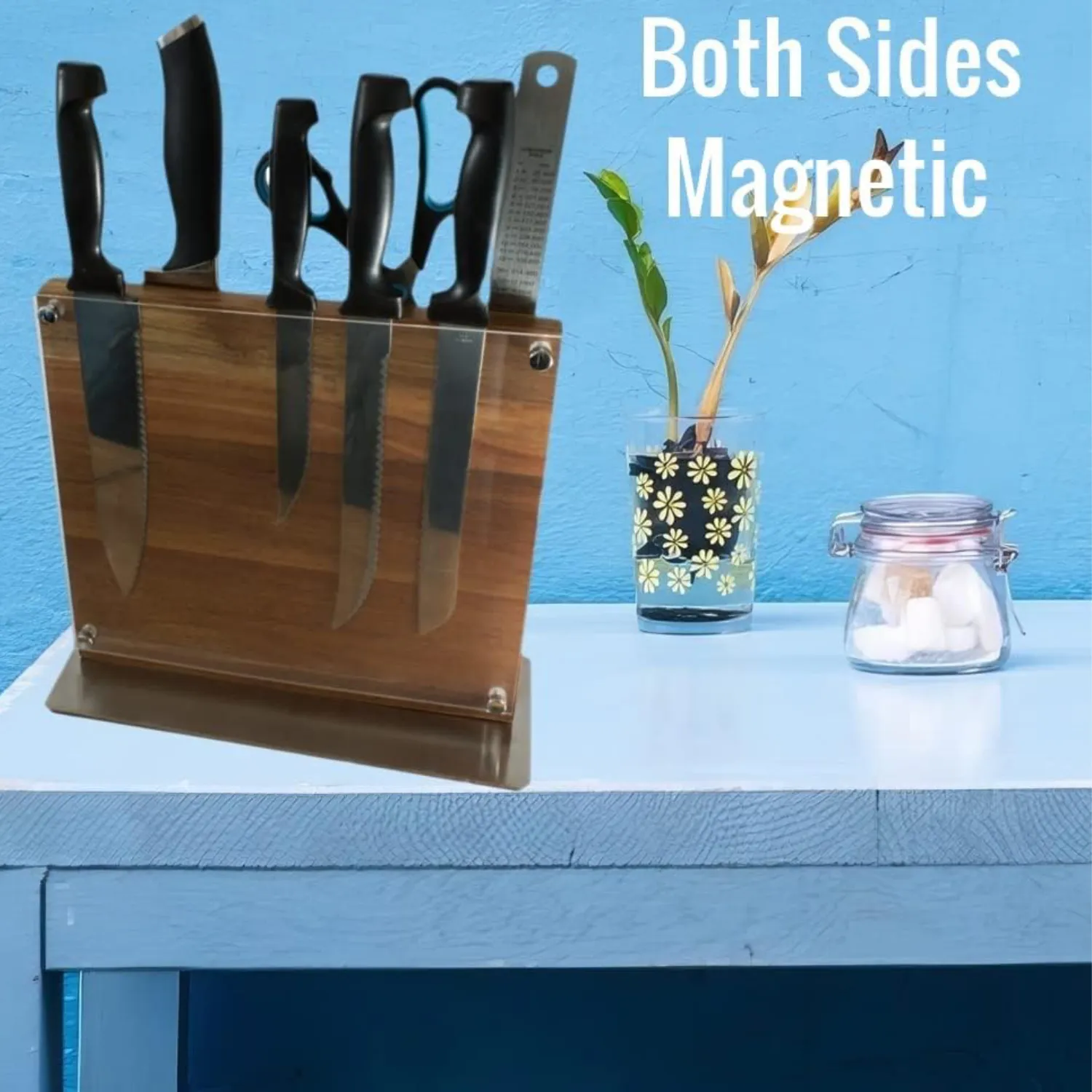 Magnetic Knife Block in Natural Acacia Wood- Double Sided Magnetic (Knife Holder Only, No Knives)