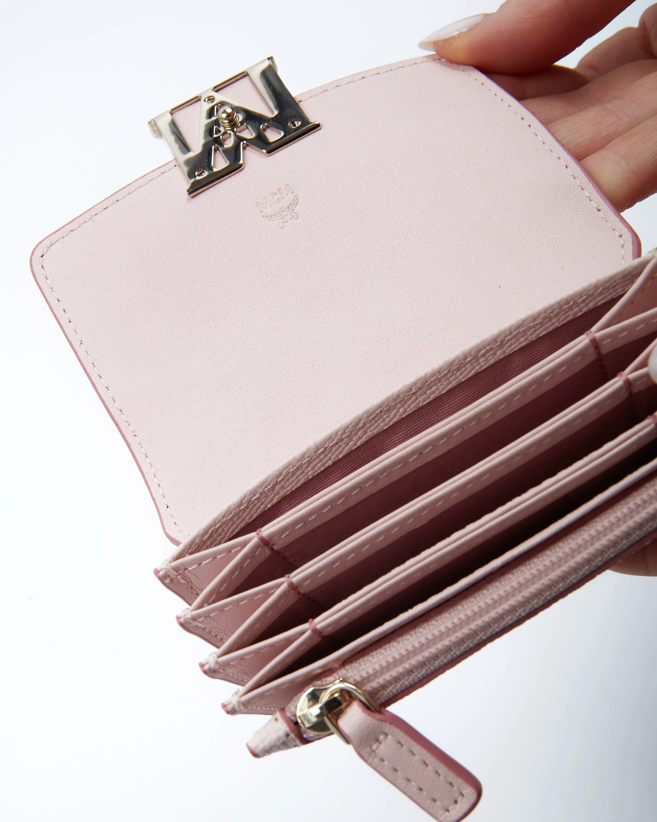 MCM Pink Monogram Visetos Leather Compact Wallet