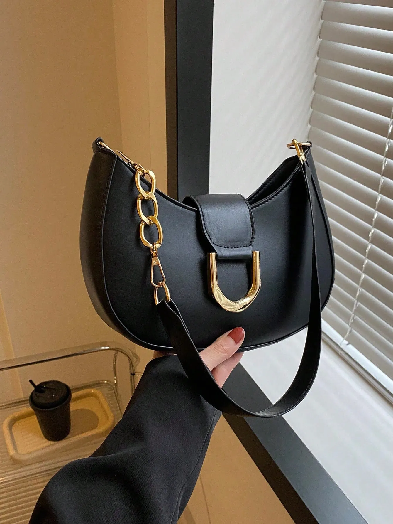 Metal Decor Hobo Bag - Black