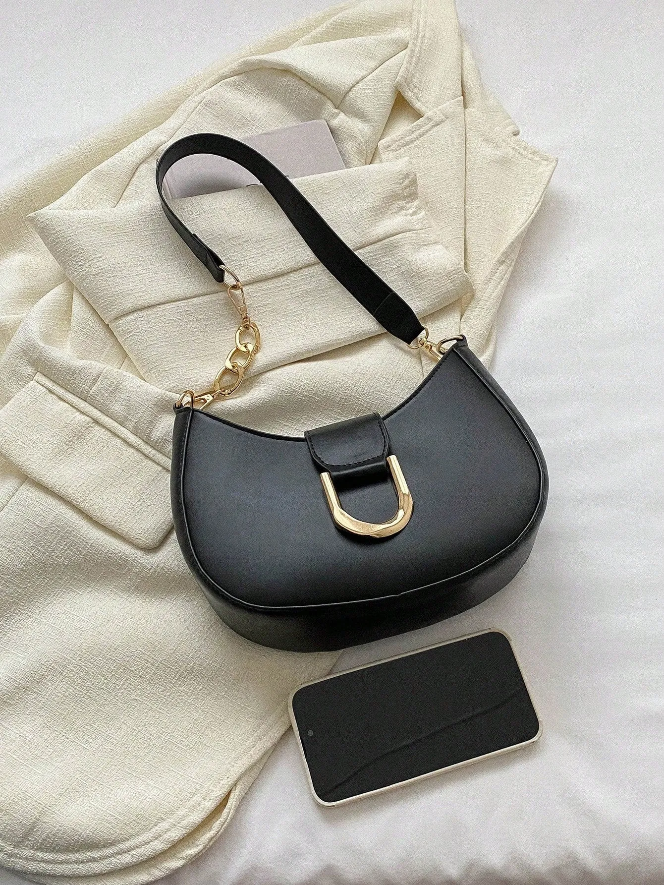 Metal Decor Hobo Bag - Black