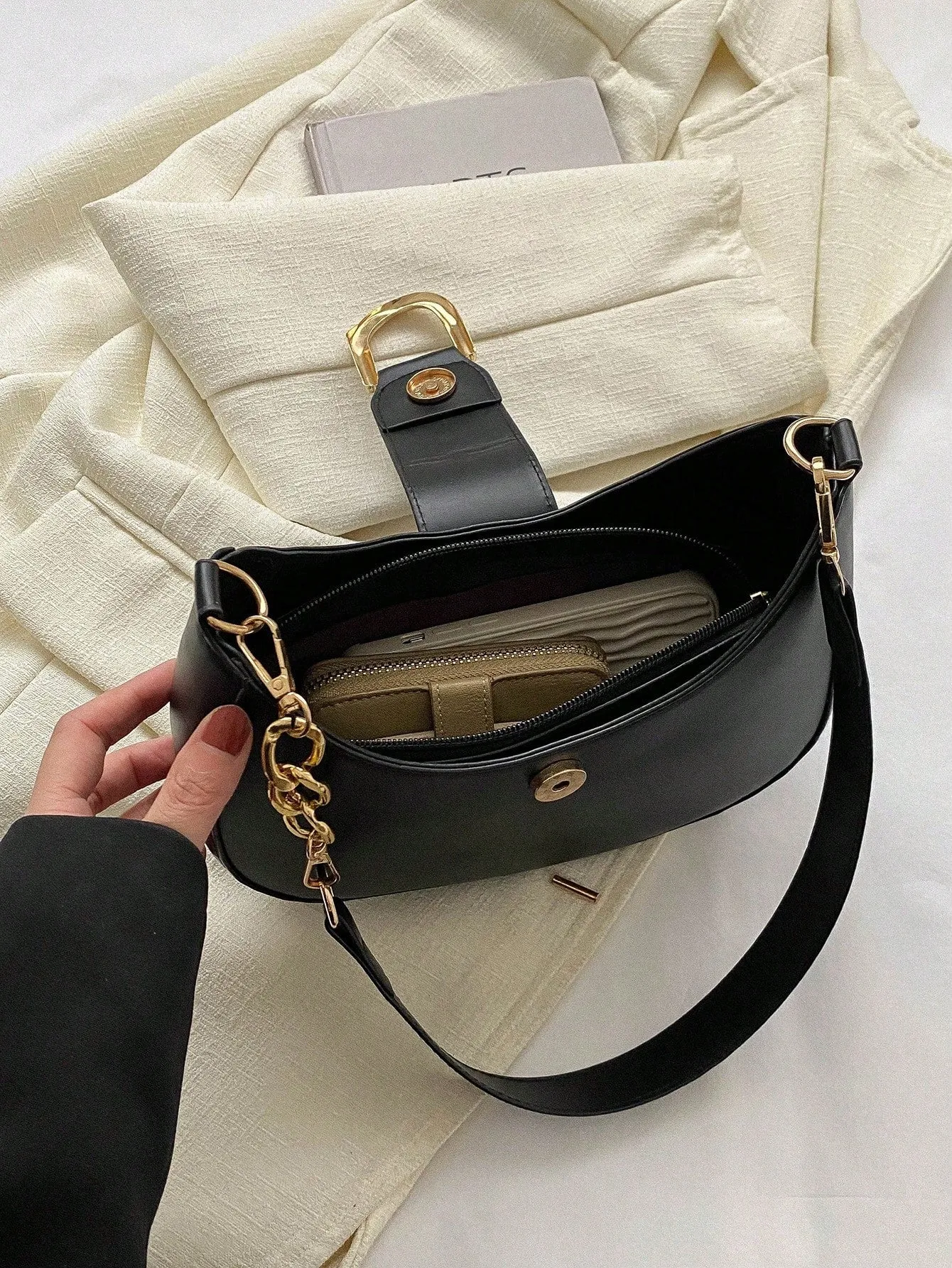 Metal Decor Hobo Bag - Black