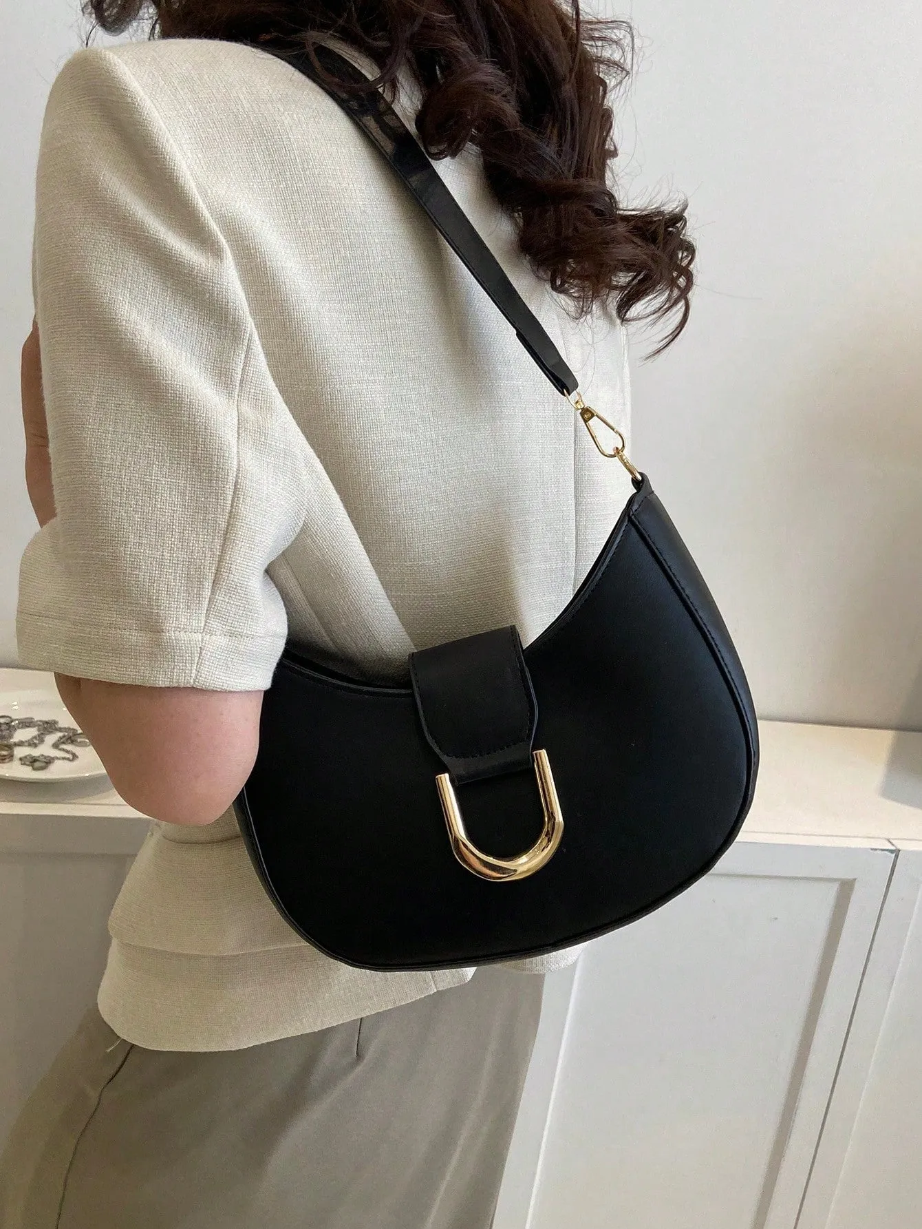 Metal Decor Hobo Bag - Black