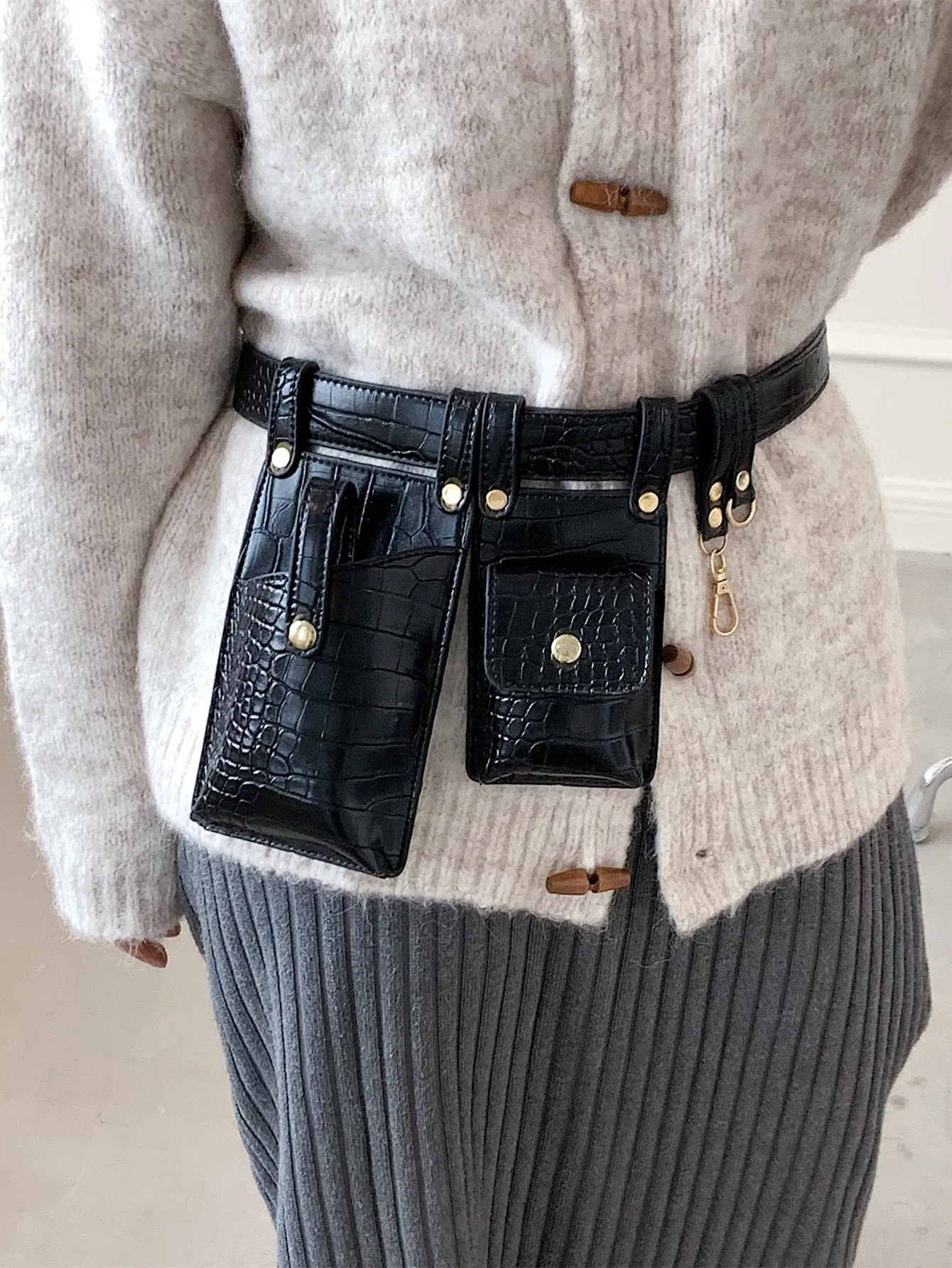 Mini Croc Embossed Multi-Pocket Fanny Pack - Black