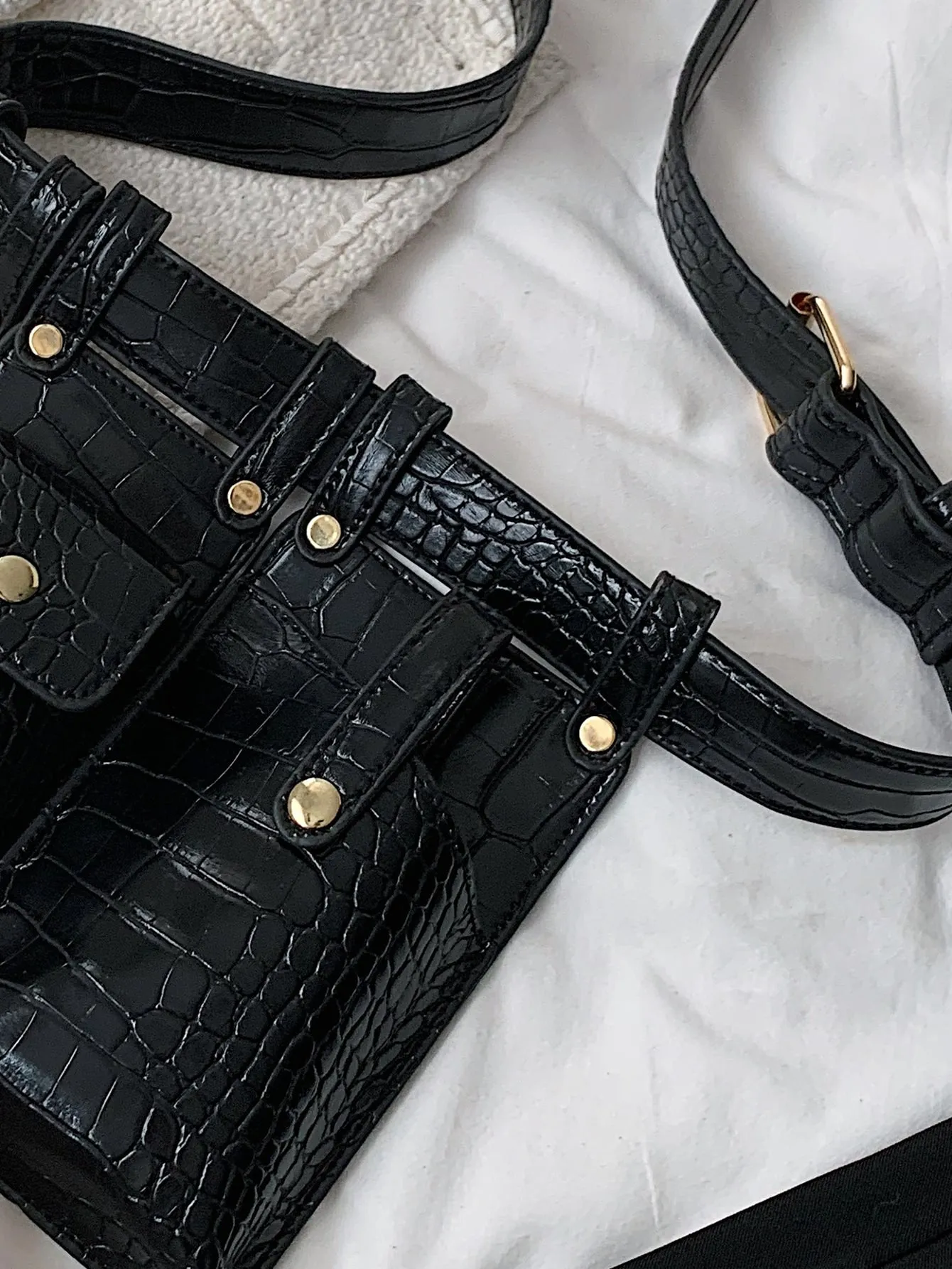 Mini Croc Embossed Multi-Pocket Fanny Pack - Black