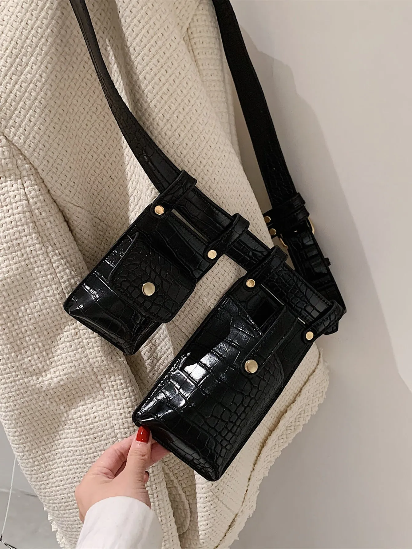 Mini Croc Embossed Multi-Pocket Fanny Pack - Black