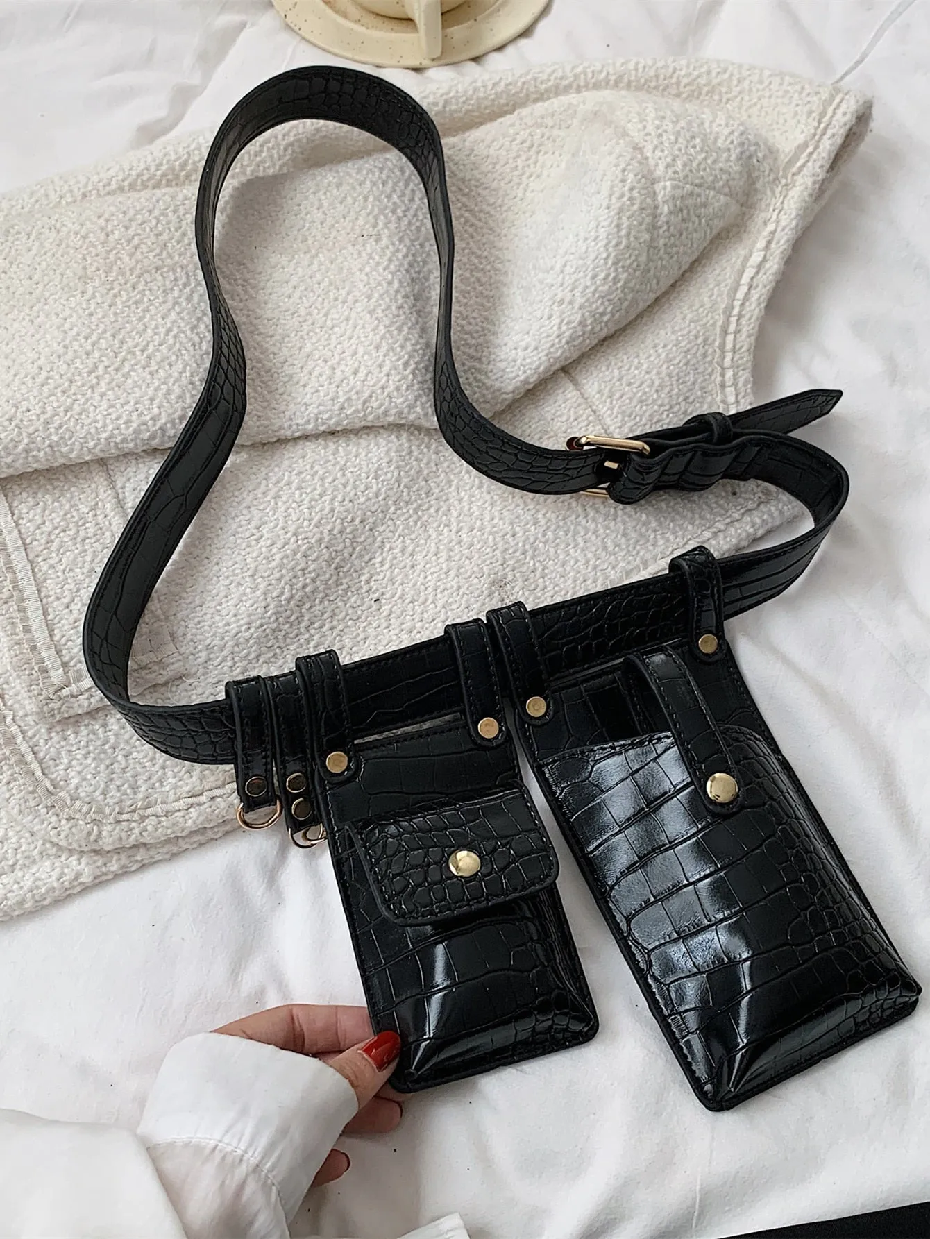 Mini Croc Embossed Multi-Pocket Fanny Pack - Black
