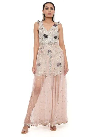 MIRAI OFF WHITE GEORGETTE EMBROIDERED DRESS WITH ROSE PINK TULLE NET SKIRT
