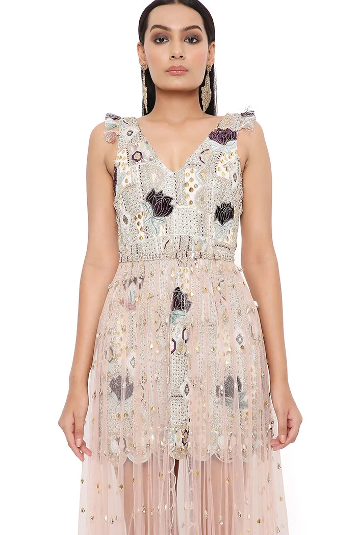 MIRAI OFF WHITE GEORGETTE EMBROIDERED DRESS WITH ROSE PINK TULLE NET SKIRT