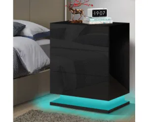 Modern High Gloss LED Bedside Black Drawer Cabinet Table