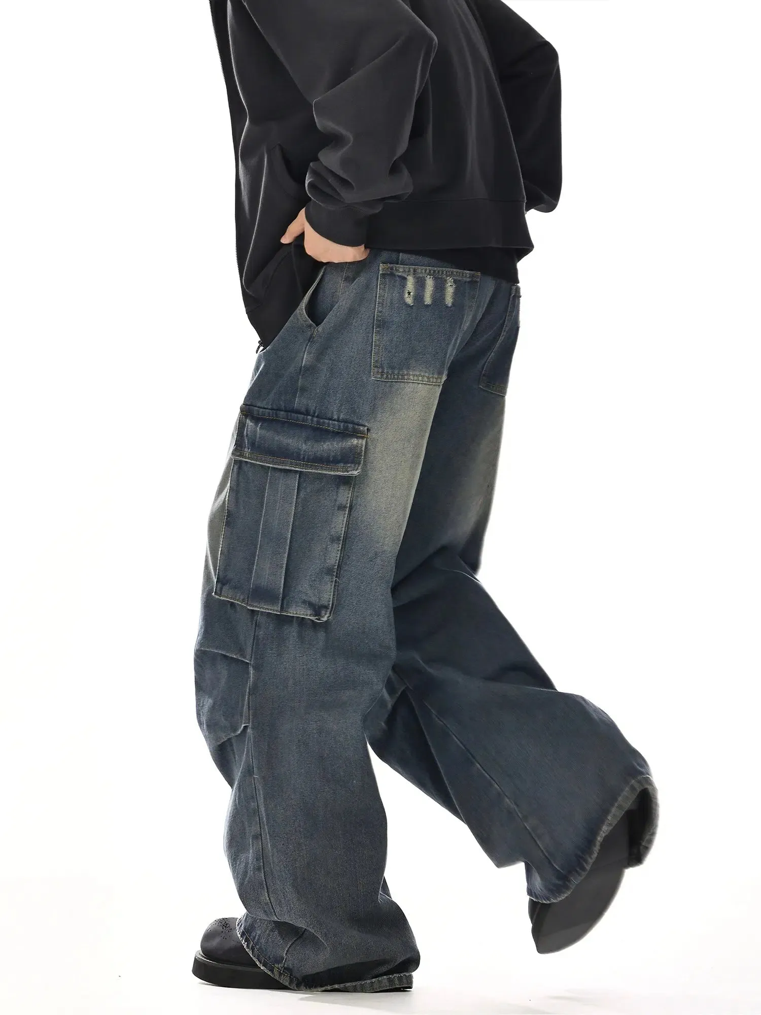 Multi-pocket Pleated Denim Pants