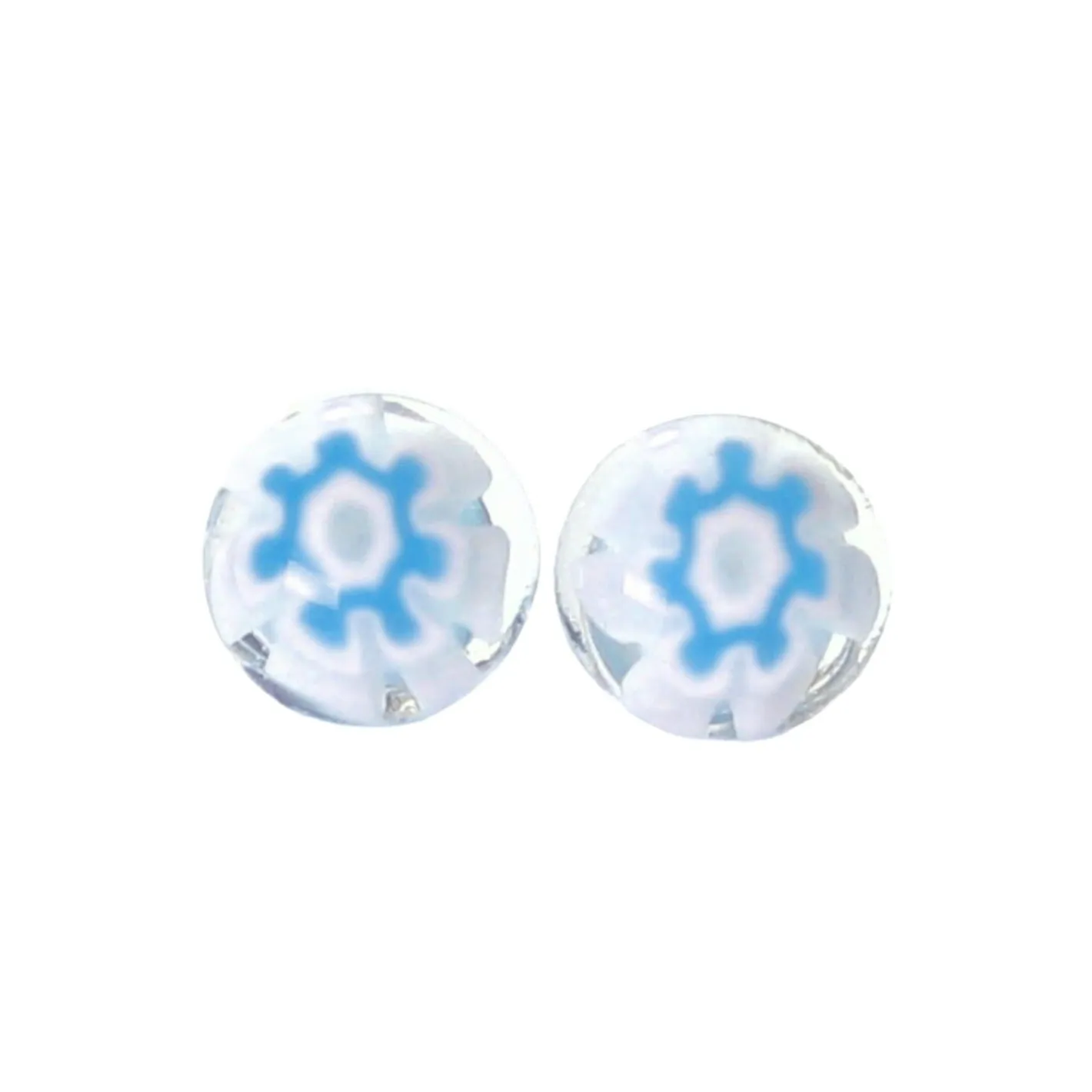 Murano Glass Aqua White Flower Millefiori Sterling Stud Earrings