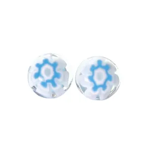 Murano Glass Aqua White Flower Millefiori Sterling Stud Earrings