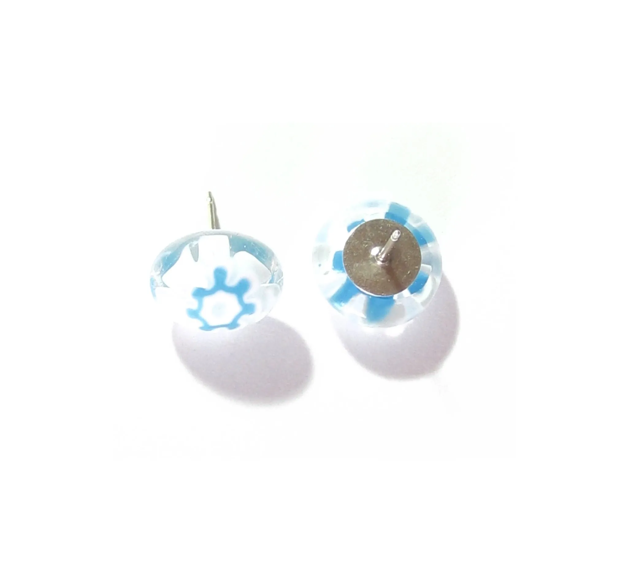 Murano Glass Aqua White Flower Millefiori Sterling Stud Earrings