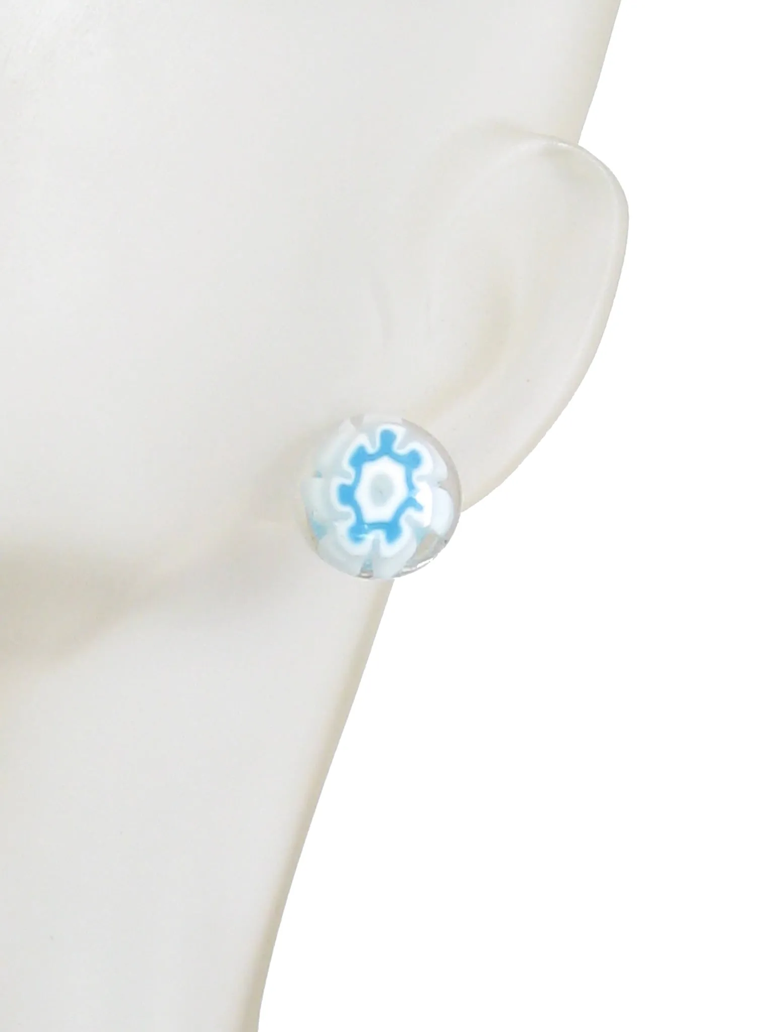 Murano Glass Aqua White Flower Millefiori Sterling Stud Earrings