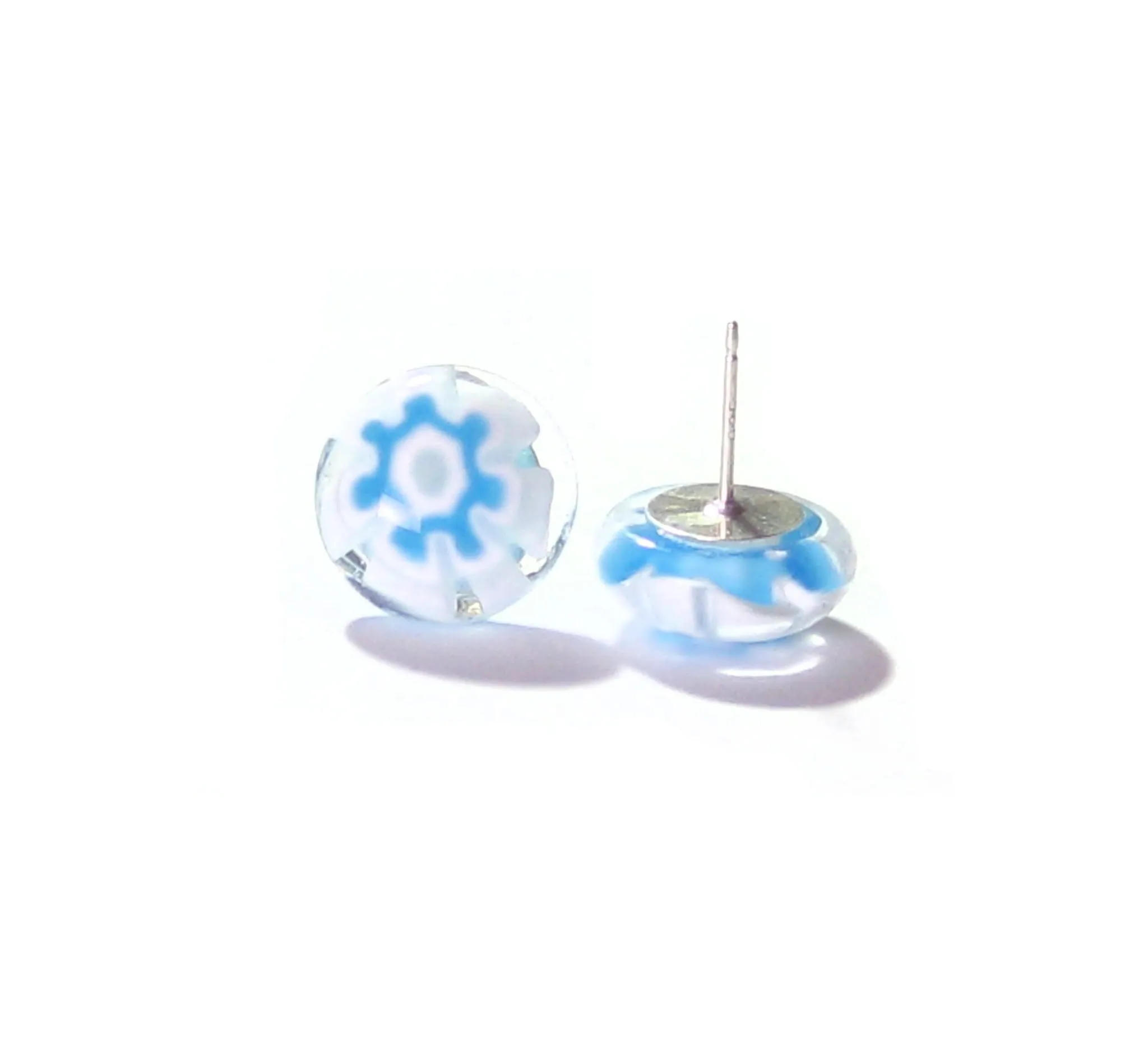 Murano Glass Aqua White Flower Millefiori Sterling Stud Earrings