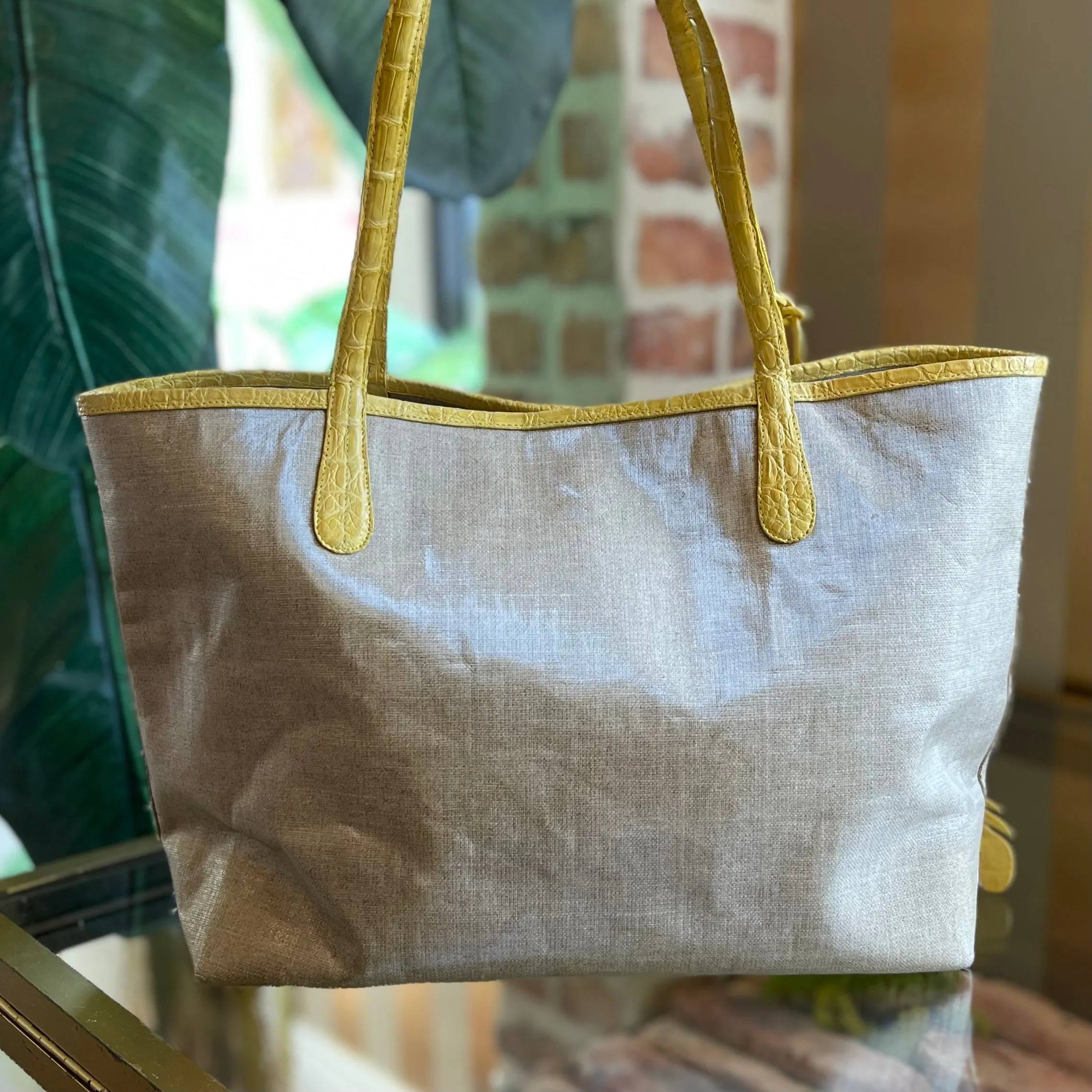 NANCY GONZALEZ Yellow Beige Coated Linen Crocodile Medium Erica Shopper Tote TS3453