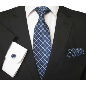 Navy Blue & White Designer Silk Floral Necktie with Matching Cufflinks & Pocket Square Set for Men